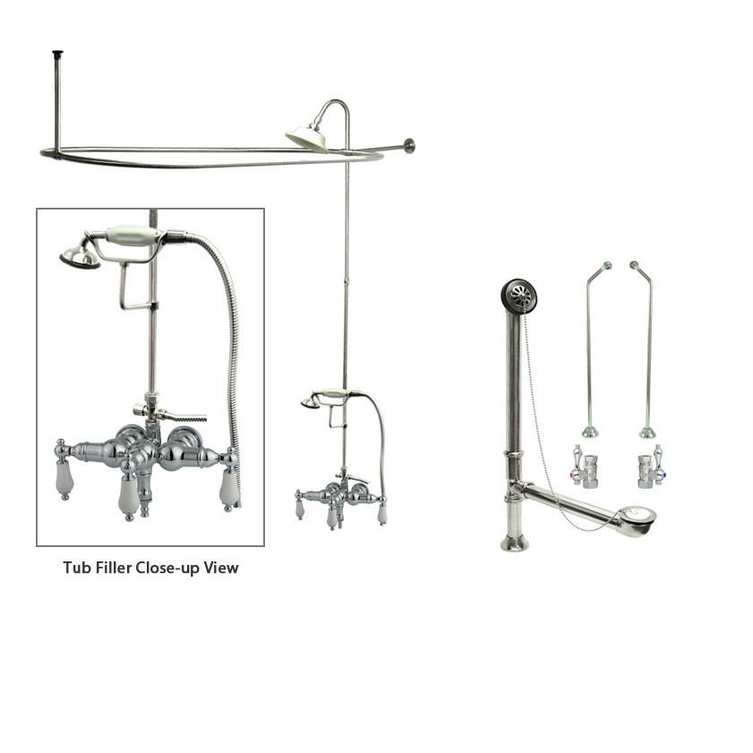 Vintage Chrome Clawfoot Bathtub Faucet with Shower Kit & Enclosure Curtain Rod - 24T1CTS - Perfect for Classic Bathroom Renovations & Spa-Like Showers