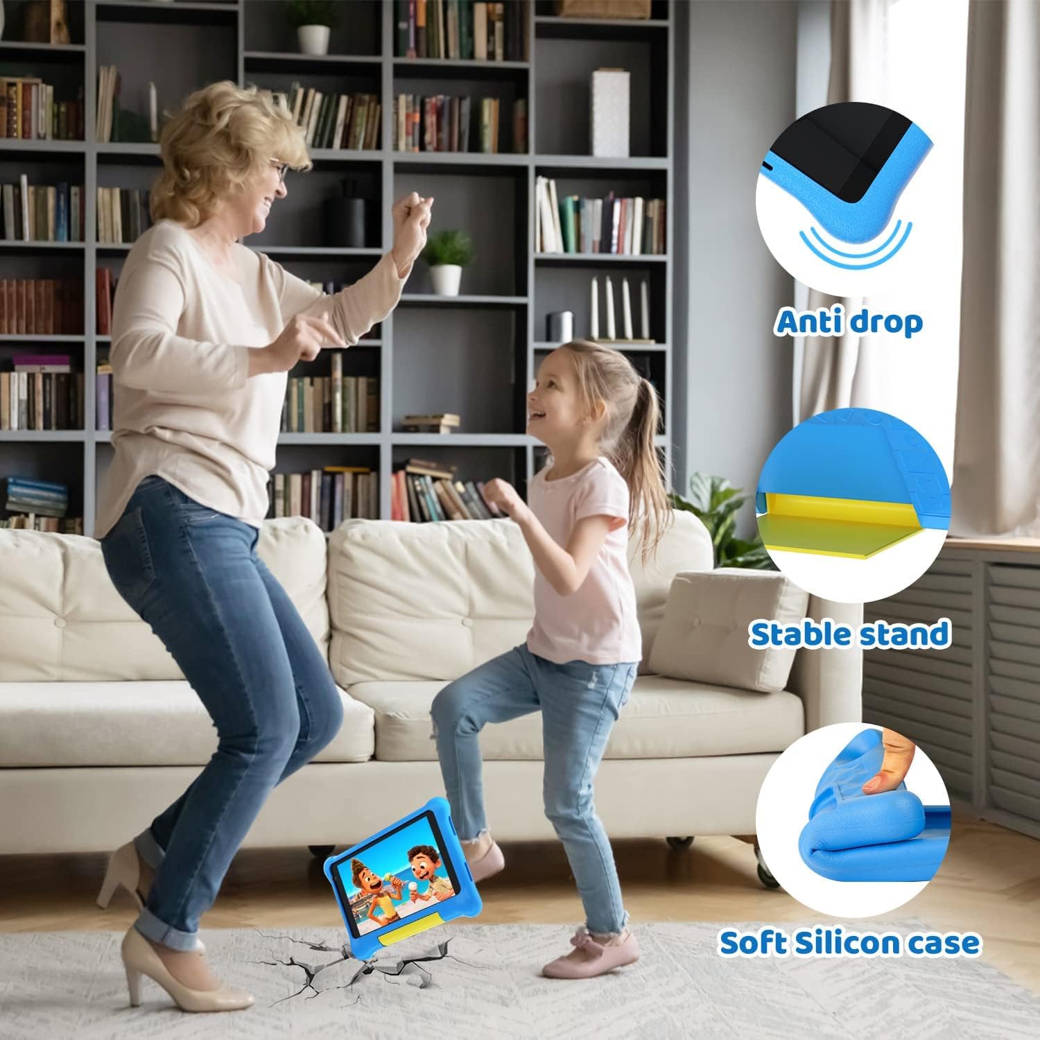 HotLight 7 Inch Kids Tablet with Parental Control - Android 13, Quad-Core Processor, Dual Camera, WiFi & Bluetooth - Shockproof Protective Case (Blue) - Perfect for Learning, Games & Travel Entertainment