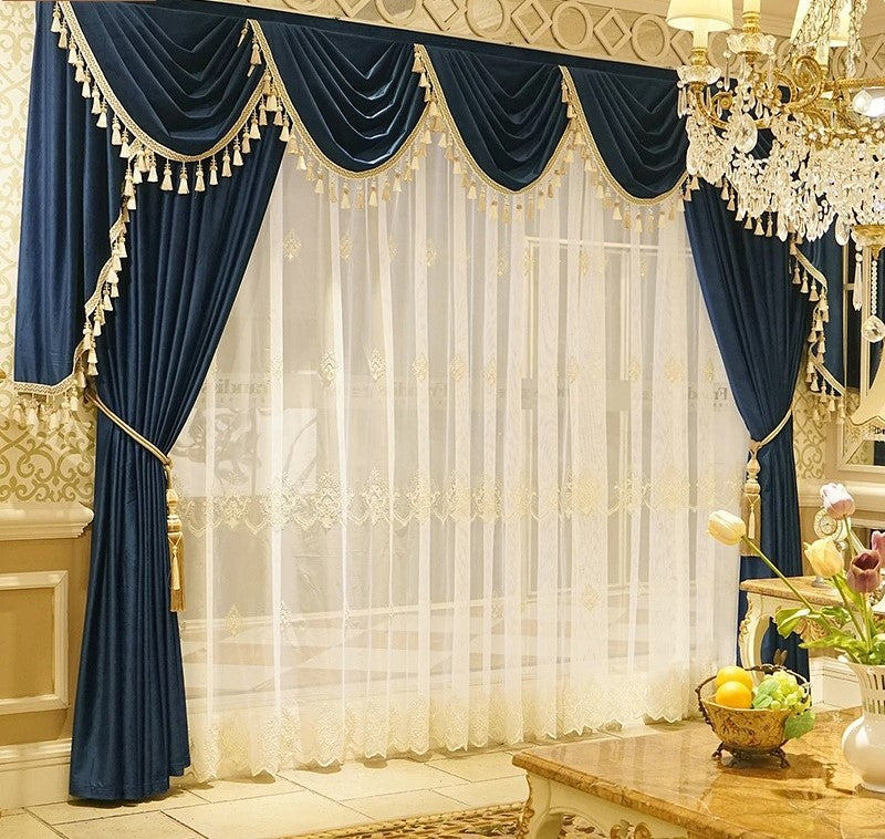 Dark Blue Mila Classic Plain Velvet Valance with White Lace Trim - Elegant Bed Skirt for Queen/King Size Beds, Perfect for Bedroom Decor & Window Treatments