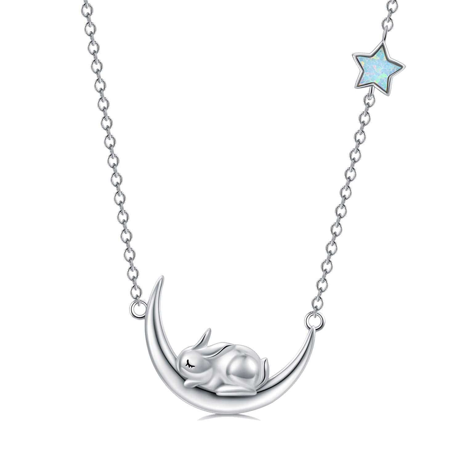 POTOPYY Bunny Opal Necklace - 925 Sterling Silver Cute Rabbit Moon Pendant Jewelry for Women & Teen Girls - Perfect Birthday Gift, Anniversary Present & Everyday Wear for Casual Outfits & Special Occasions