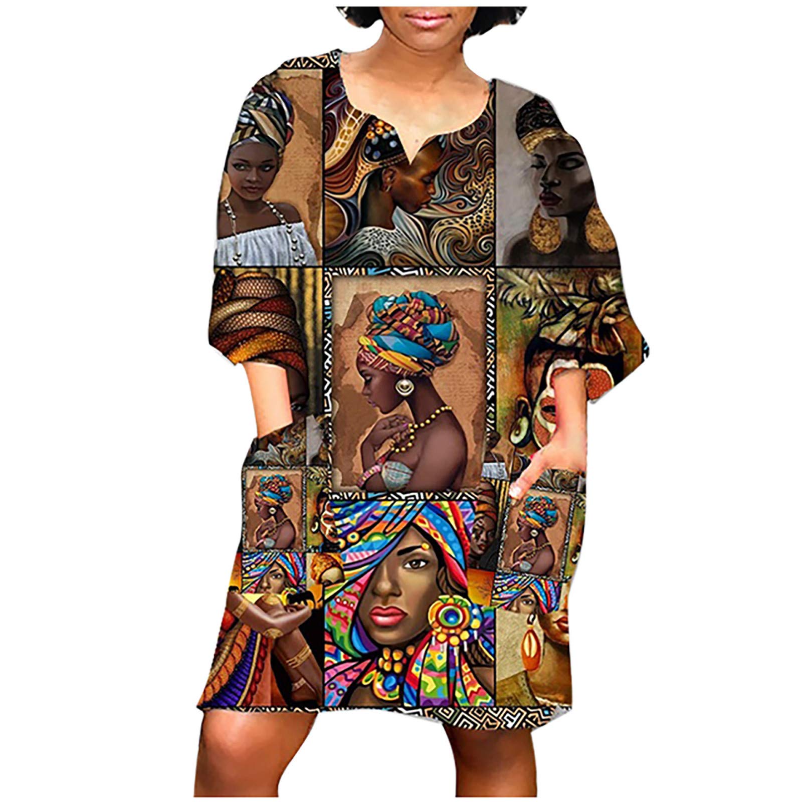 African Print Women's Casual Loose Mini Dress - V Neck Half Sleeve Tunic with Pockets, Plus Size Summer Beach Dress for Women | Perfect for Vacations, Parties & Everyday Wear