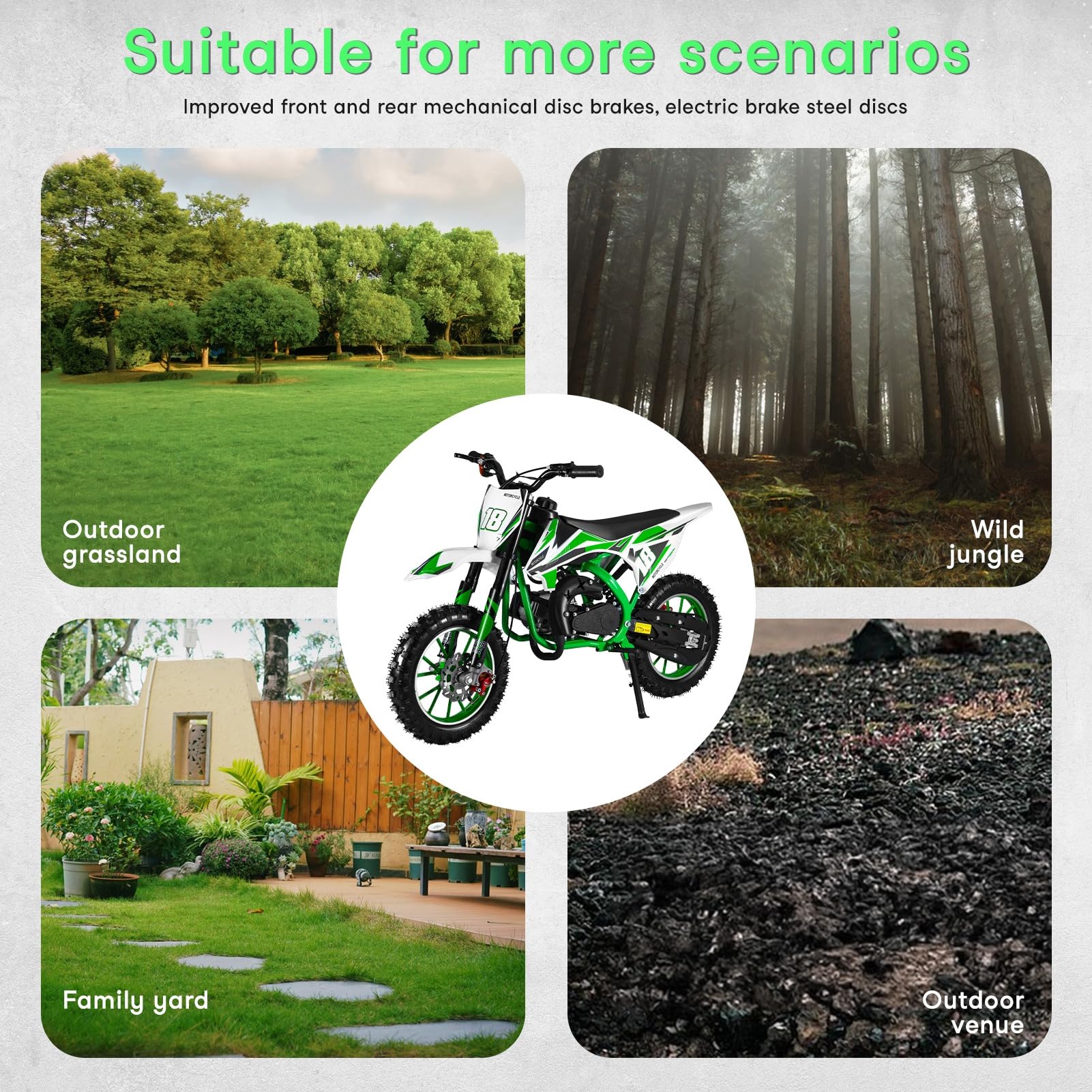 50cc 2-Stroke Kids Dirt Bike - Gas Powered Mini Motorcycle for Off-Road & Motocross - Front & Rear Disc Brakes - Green - Perfect for Backyard Riding, Trail Adventures & Youth Racing Practice