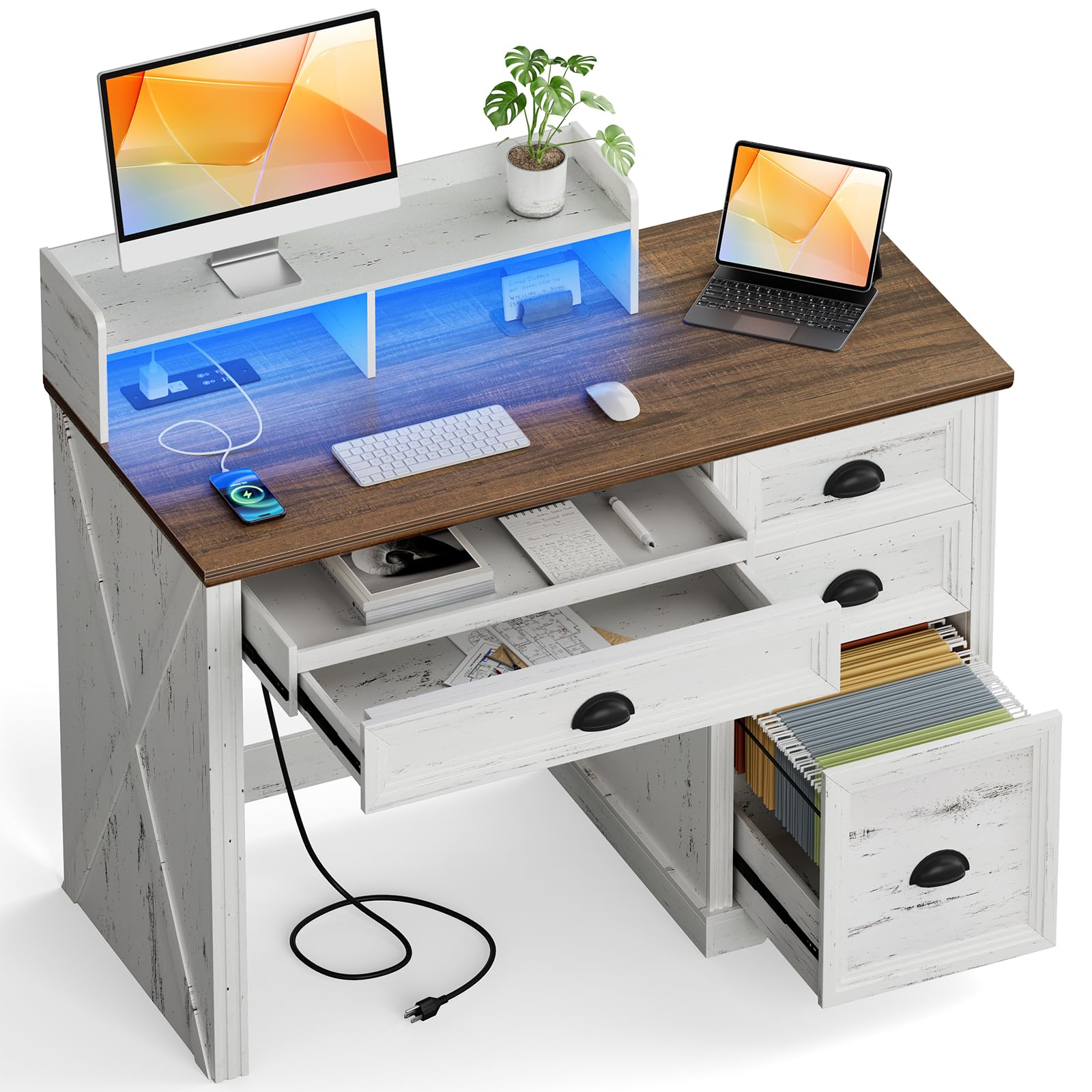 Farmhouse Style 47-inch Computer Desk with Monitor Stand, LED Lights & Power Outlets - Wooden Home Office Workstation with Storage Cabinet for Gaming, Studying & Working (Antique White) | Perfect for Small Spaces, Home Offices & Dorm Rooms