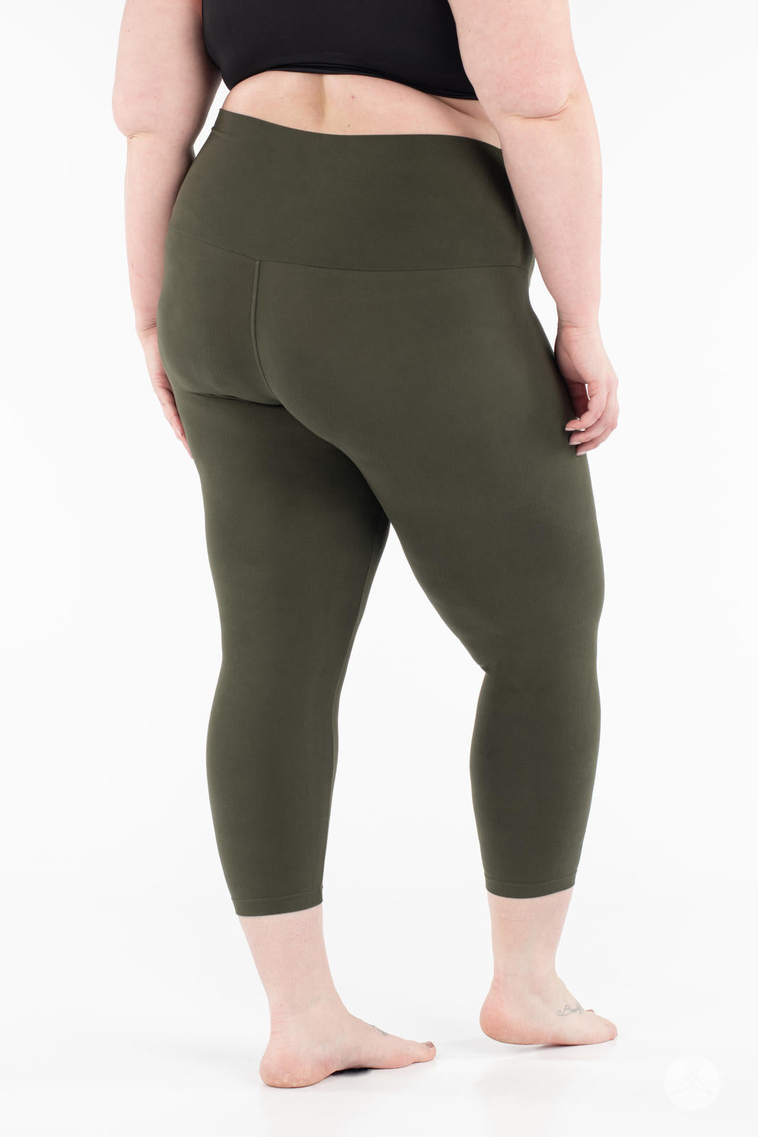 High Waisted Olive Green Wide Band Workout Crops - Perfect for Yoga, Running & Gym