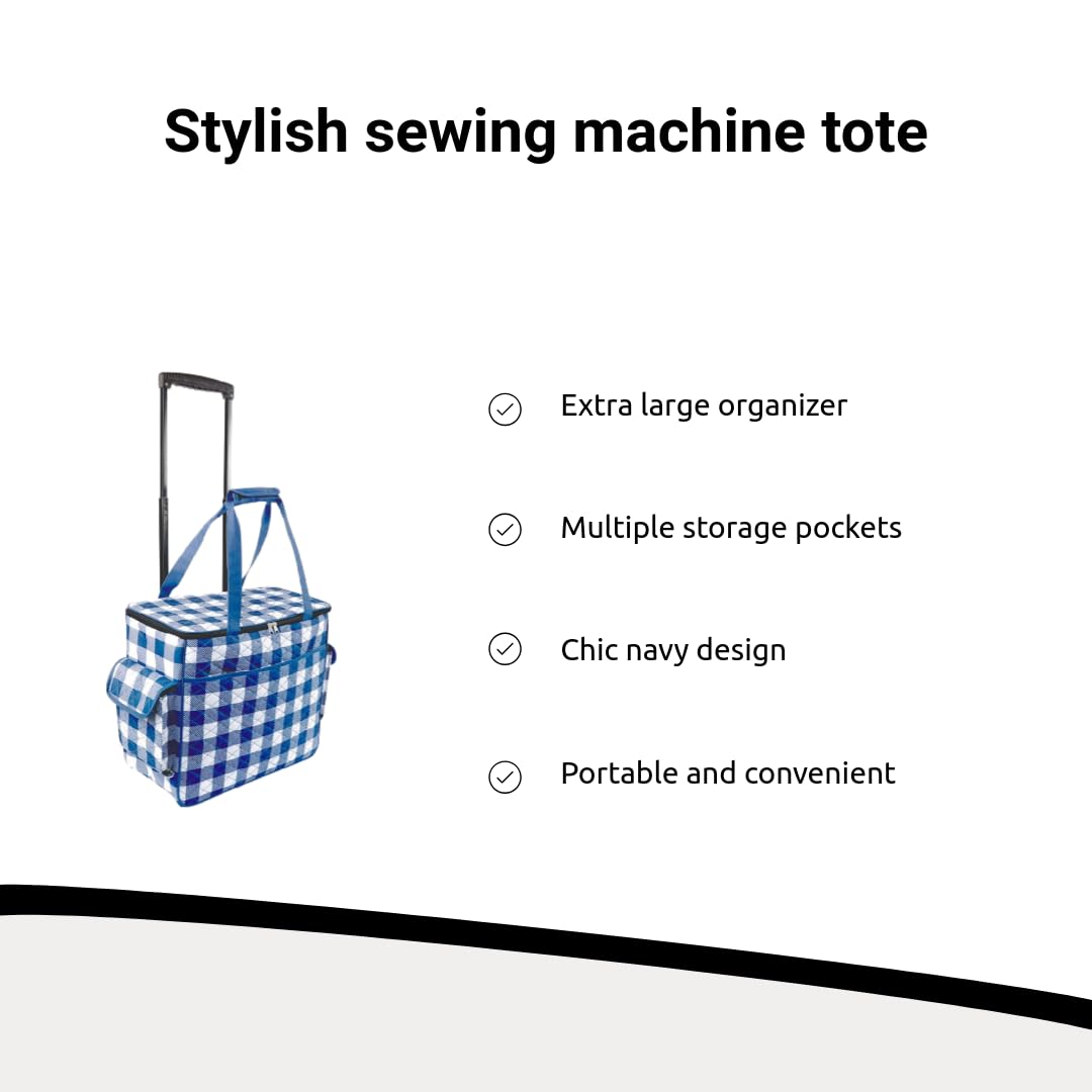 Rolling Sewing Machine Tote Bag - Navy Buffalo Check Pattern, Portable Craft Storage for Quilting & Sewing Projects, Perfect for Travel & Workshops