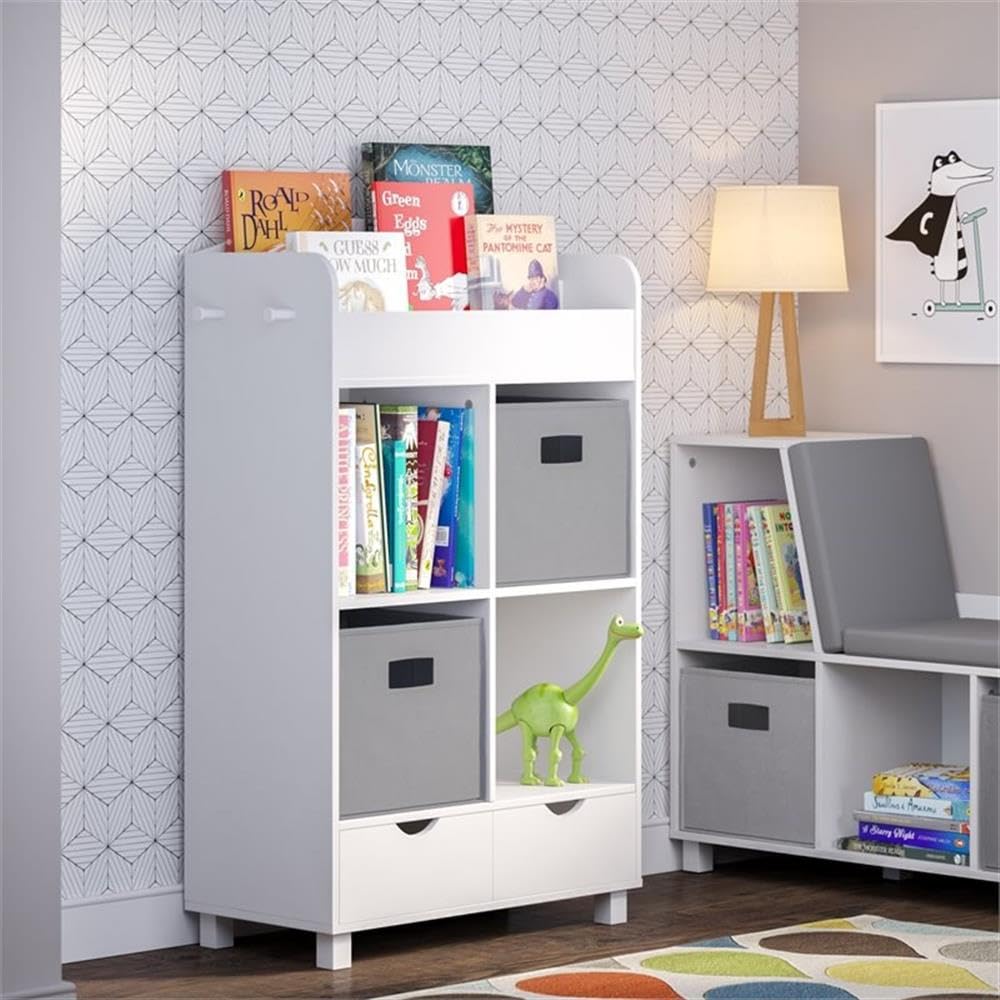 RiverRidge Kids Bookshelf with 4 Cubbies, 2 Drawers & Hooks - Toy Storage Cabinet, Book Nook Organizer for Children's Room - Perfect for Storing Toys, Games, Books & Folding Cubby Bins - Ideal for Playrooms, Bedrooms & Daycare Centers