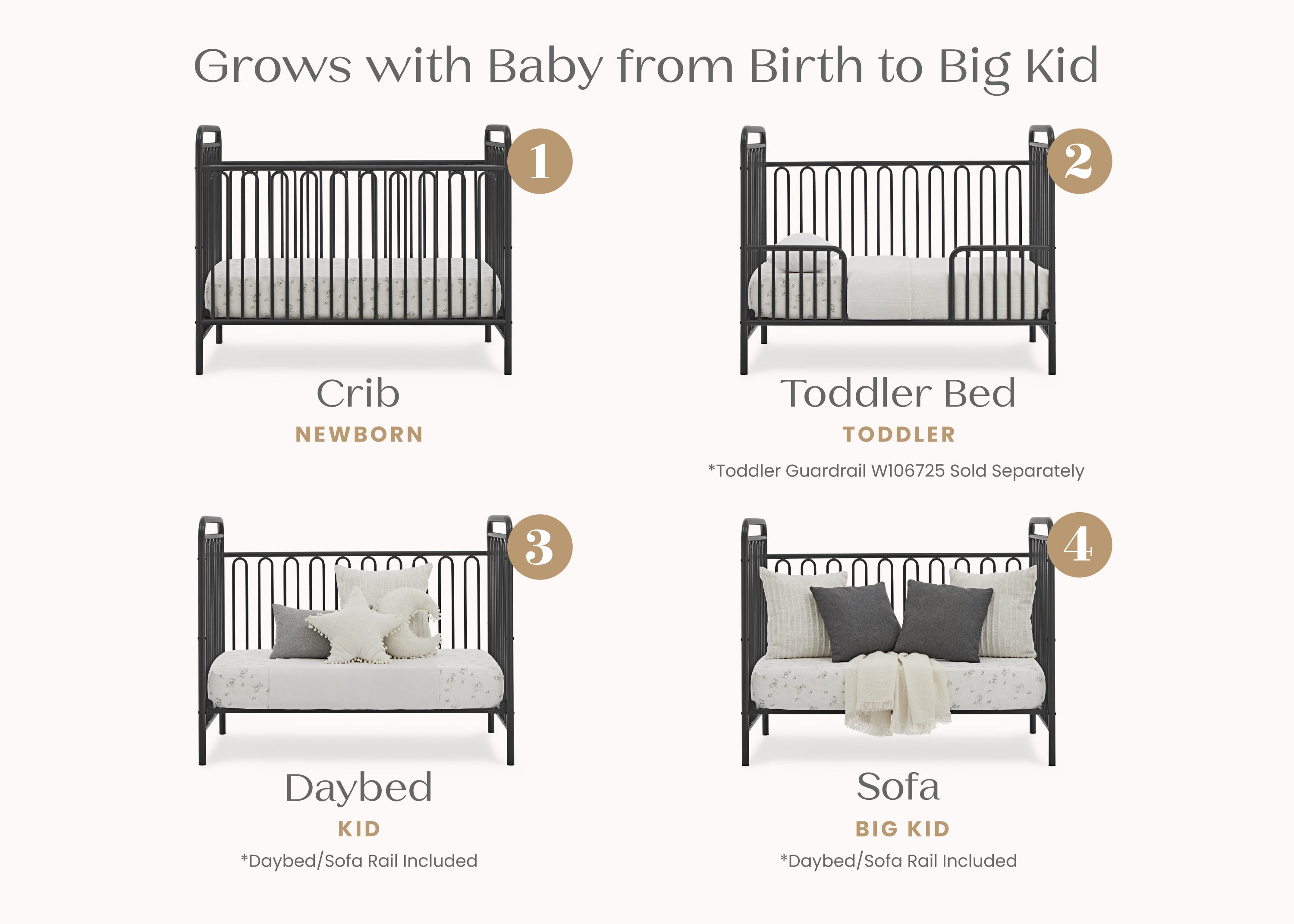 Darcy 4-in-1 Convertible Metal Baby Crib - Toddler Bed, Daybed & Full-Size Bed Conversion - Modern Nursery Furniture for Newborns to Teens (White) | Perfect for Small Spaces & Growing Families