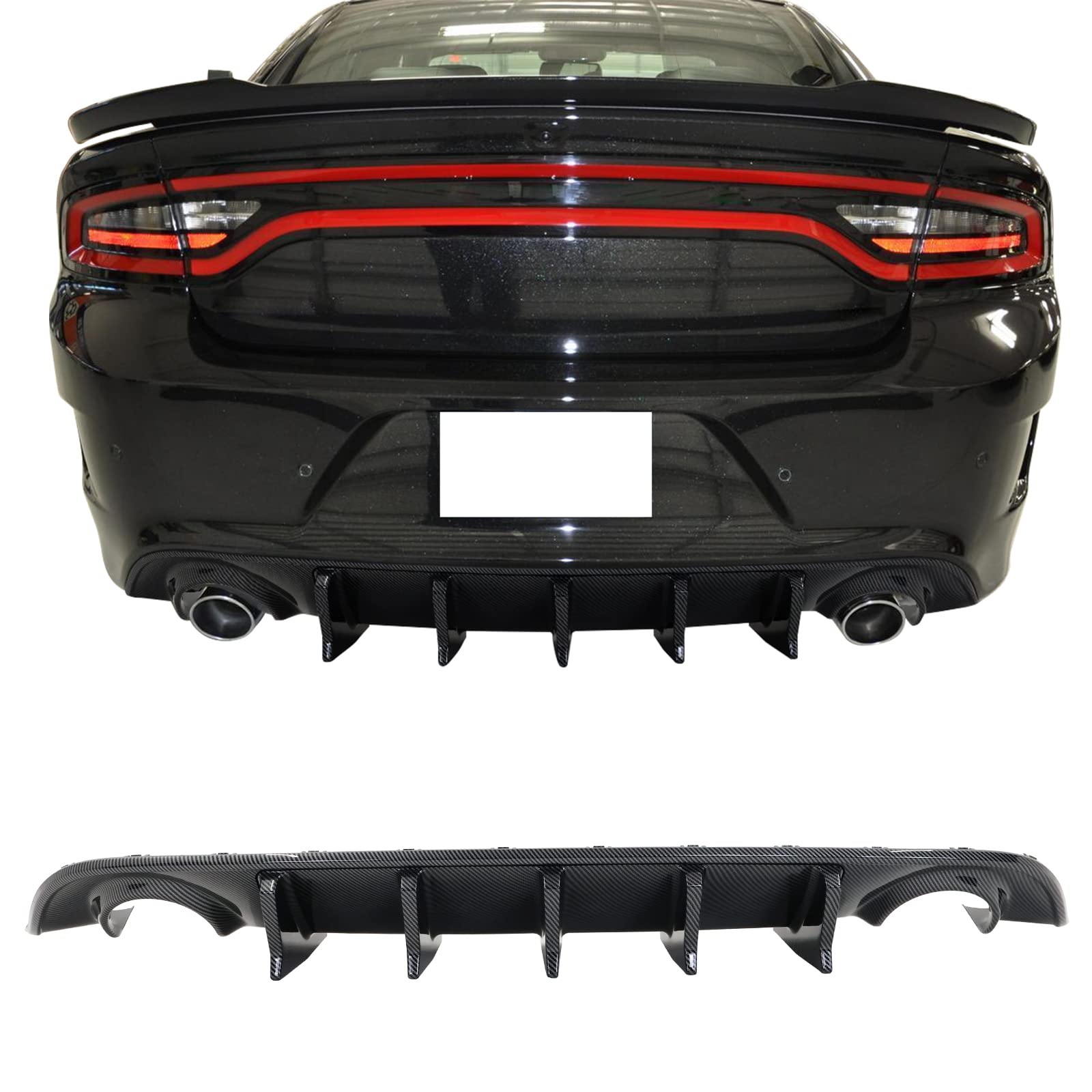 IKON MOTORSPORTS V2 Style Rear Bumper Diffuser - Carbon Fiber Print PP Lip Shark Fins for 2015-2023 Dodge Charger | Aggressive Styling Upgrade for Street Racing & Car Shows