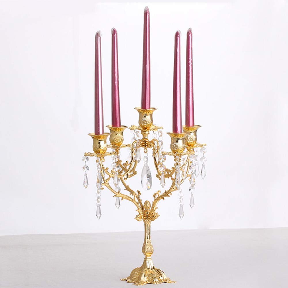 5-Arm Gold Iron Candelabra - 14.97in/38cm Tall Candle Holder for Birthday, Wedding & Party Decor - Elegant Centerpiece for Dining Table, Mantel & Home Decor