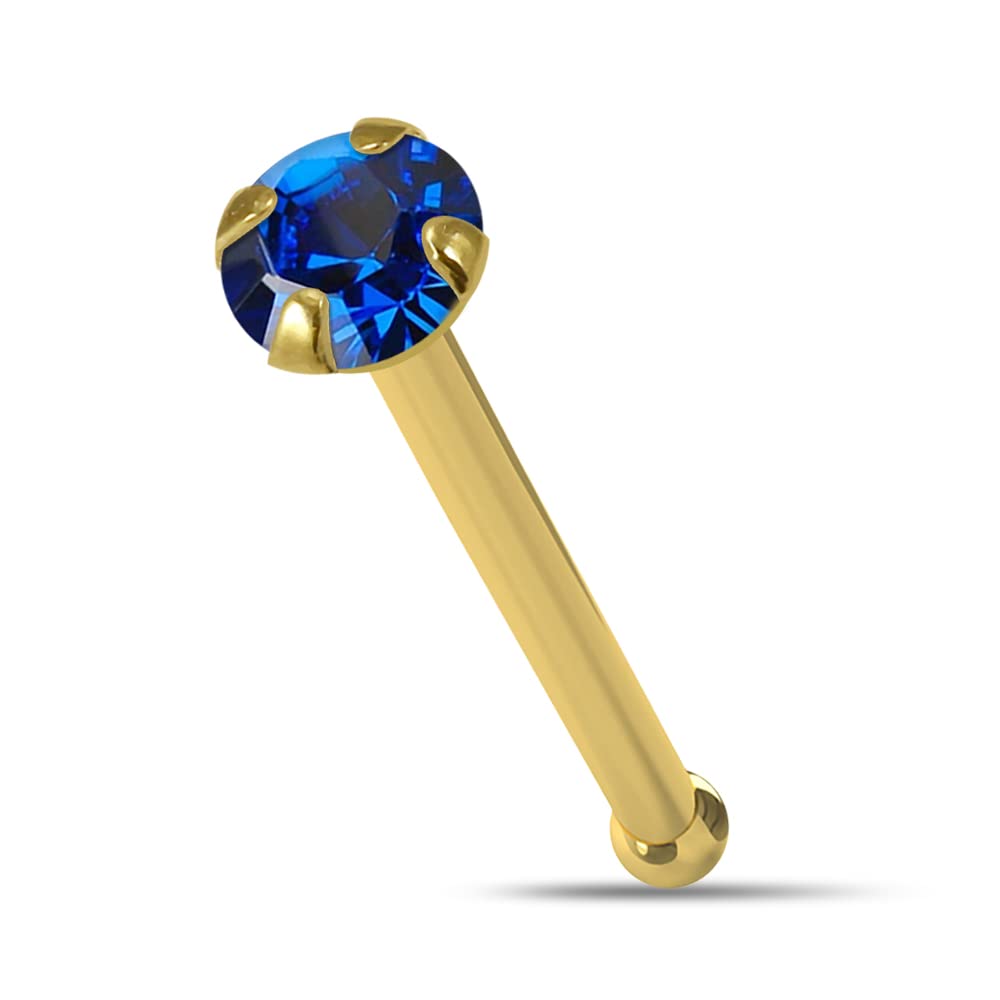 14K Yellow Gold Blue Sapphire Nose Stud - Round Crystal Stone 22 Gauge Nose Bone Piercing Jewelry for Women | Perfect for Everyday Wear, Parties & Special Occasions