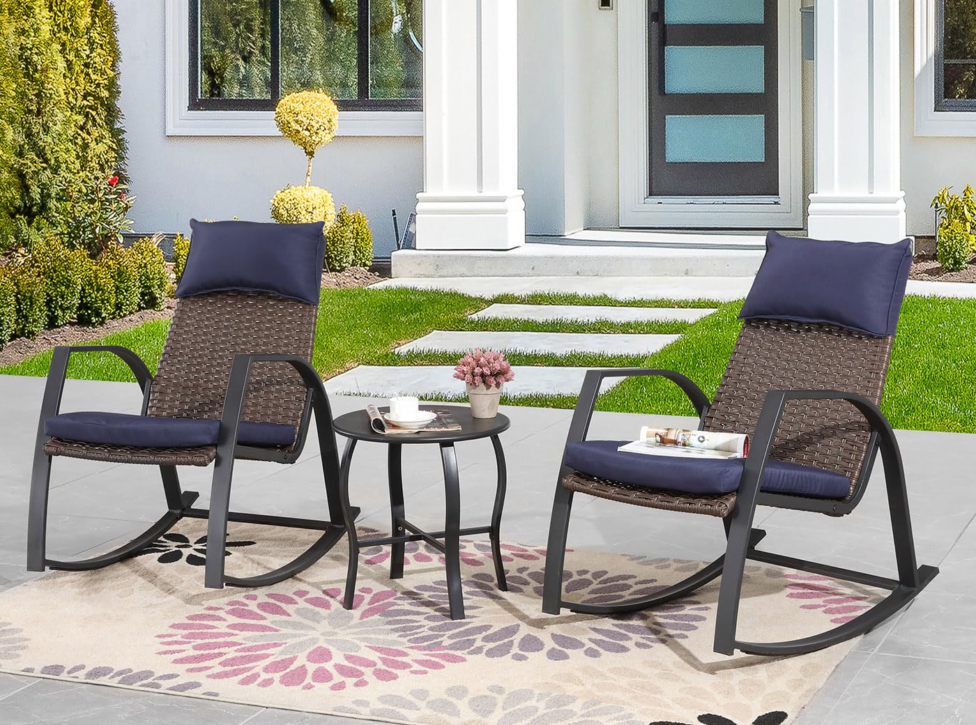 3-Piece Wicker Rocking Bistro Set with Coffee Table - Outdoor Patio Furniture for Porch, Balcony, Garden & Backyard - Blue Conversation Seating for Relaxing & Entertaining Guests