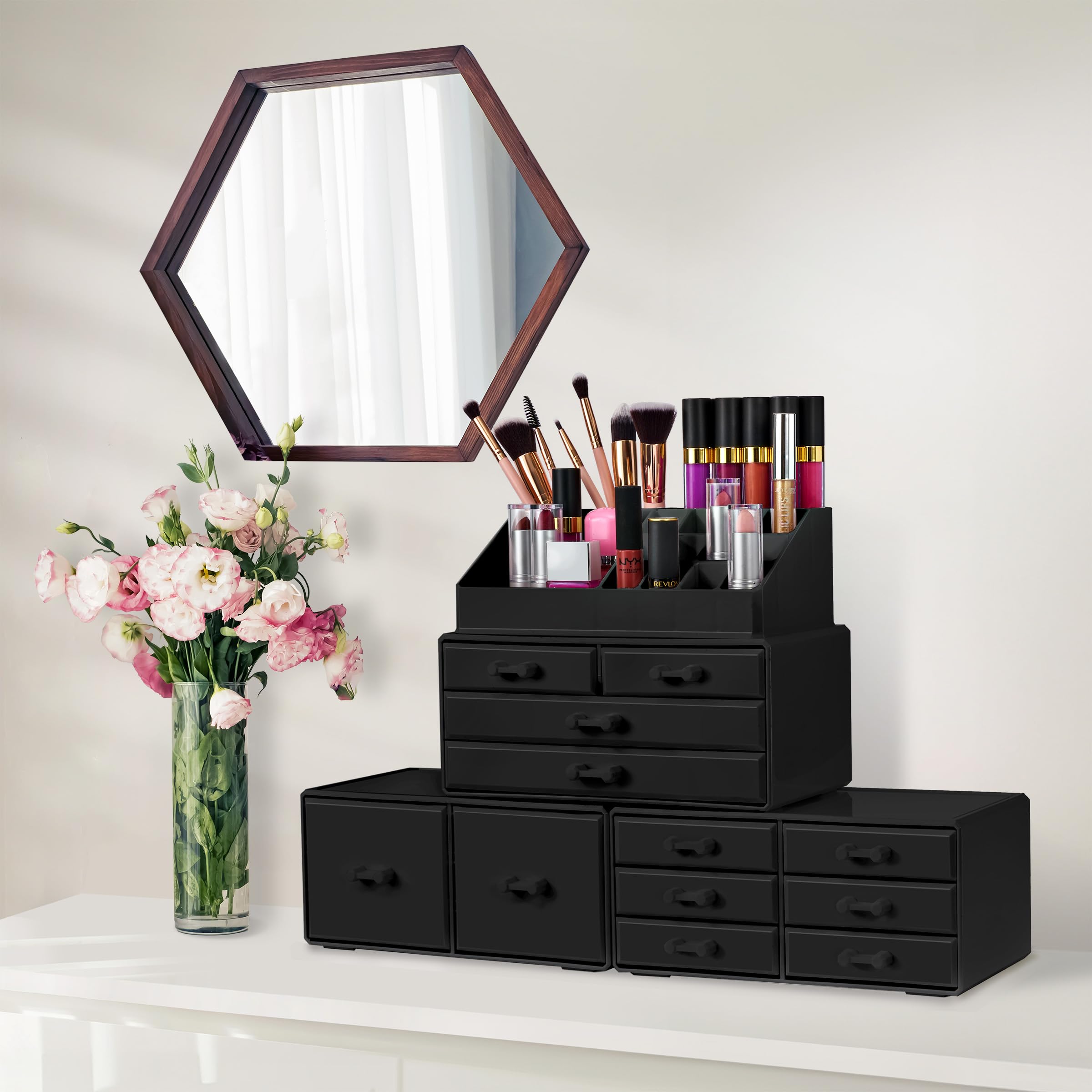 Sorbus Large Stackable 12-Drawer Makeup Organizer with Lipstick & Brush Holder - Jewelry & Cosmetic Storage for Vanity, Bathroom, Dresser - Perfect for Beauty Salon, Home Organization & Travel Makeup Storage