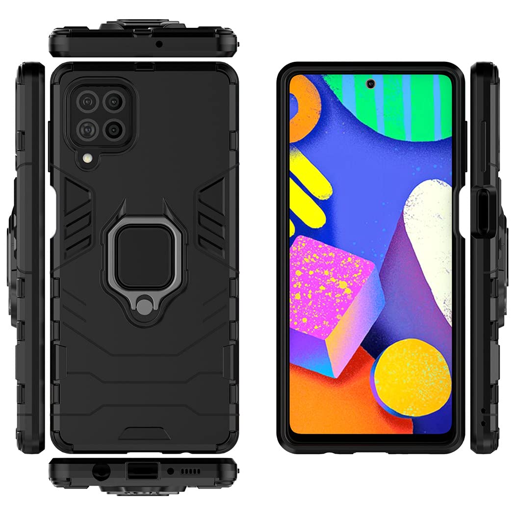 Samsung Galaxy F62 Case with Metal Ring & Kickstand - Shockproof Hard Bumper, Magnetic Car Mount Compatible, Dual Layer Rugged Cover (Black) - Perfect for Outdoor Activities, Travel & Daily Protection
