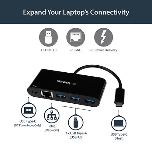 StarTech.com USB C to Ethernet Adapter 3-Port with Power Delivery (PD) & Pass-Through Charging - USB-C Hub for Laptops, Tablets & Phones - Ideal for Remote Work, Gaming & Home Office Connectivity (US1GC303APD)