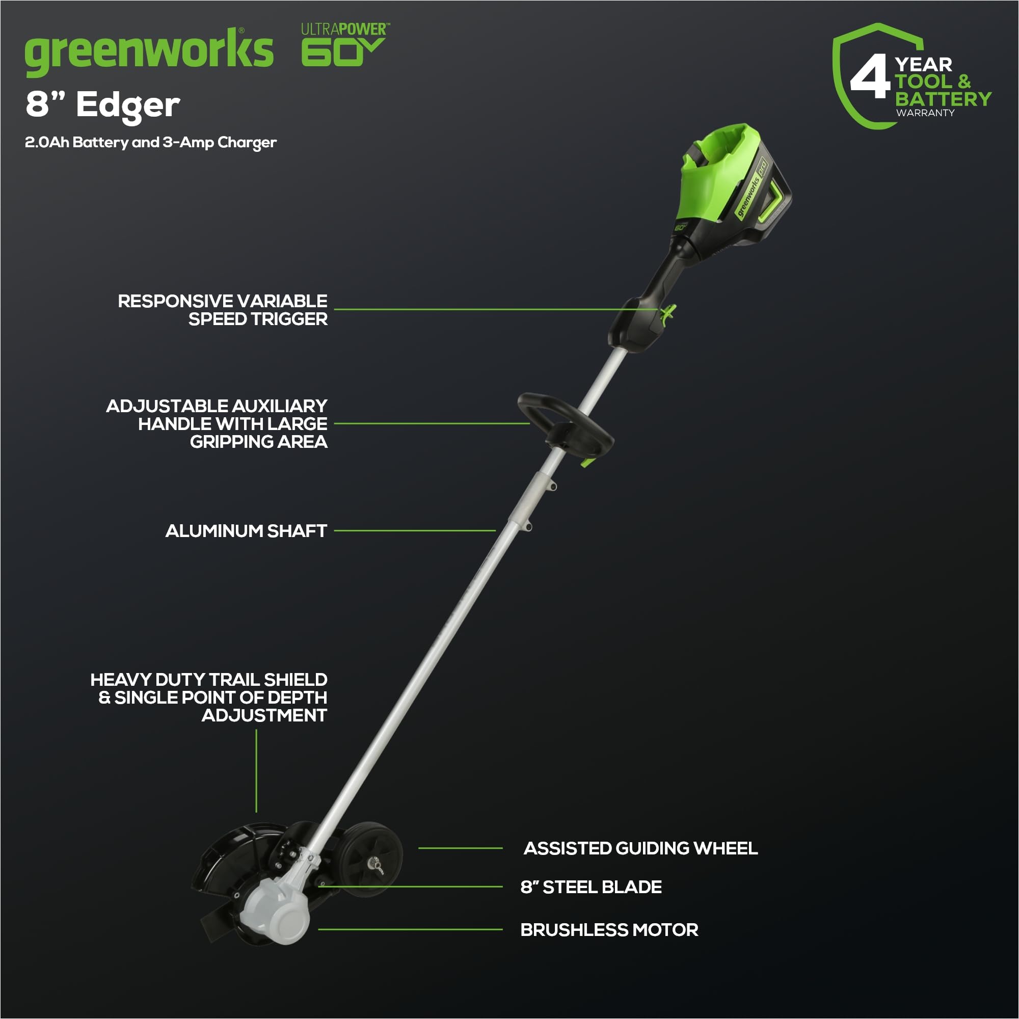 Greenworks 60V 8-Inch Brushless Cordless Lawn Edger with 2.0Ah Battery & Fast Charger Included - Perfect for Trimming Lawn Edges, Driveways, and Sidewalks