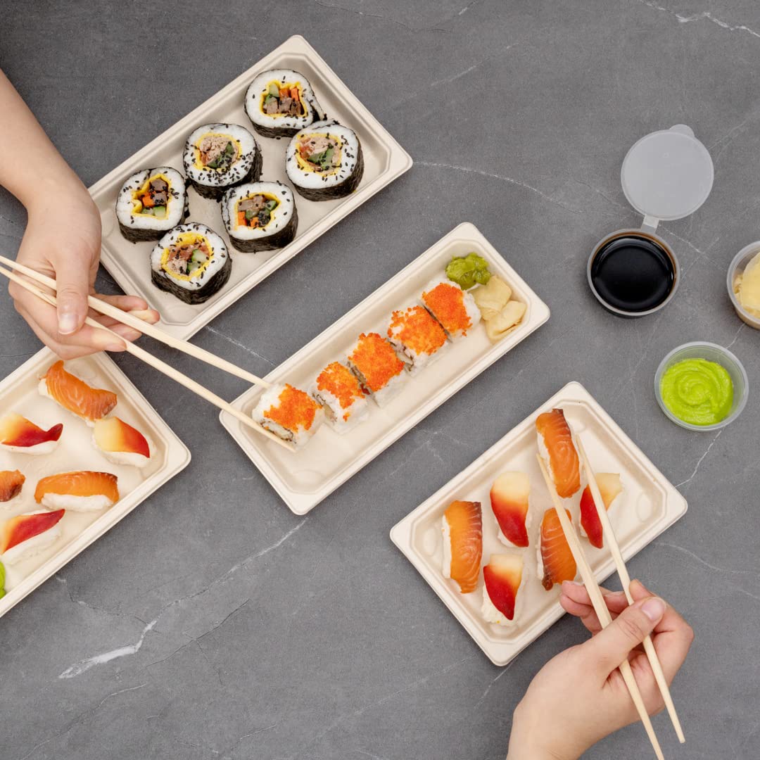 Eco-Friendly 8.7 x 3.5 Inch Microwavable Bagasse Sushi Trays - 100-Pack Sugarcane Fiber Dishes, Freezer Safe (Lids Sold Separately) | Perfect for Restaurants, Catering & Home Sushi Parties