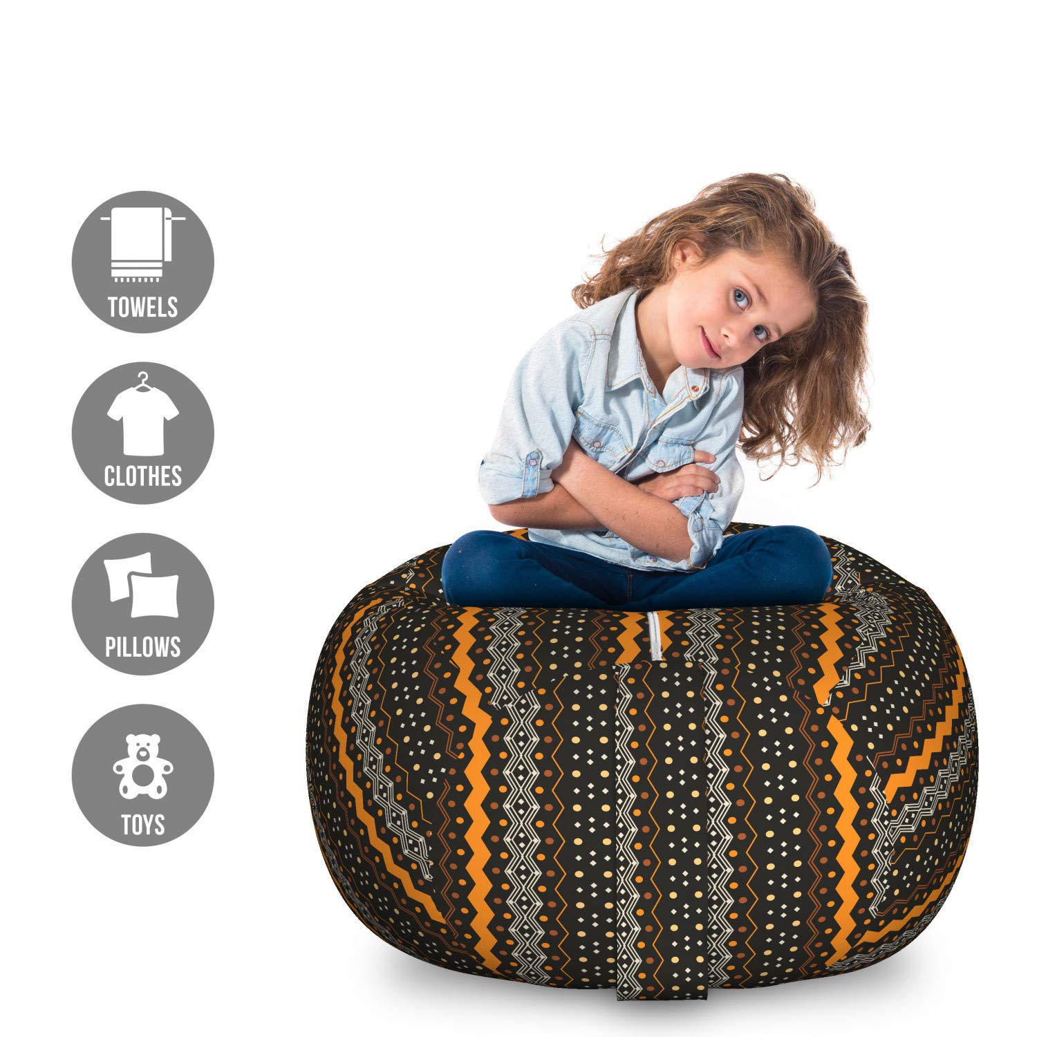 Ambesonne Abstract Toy Storage Bag Chair - Large Washable Stuffed Animal Organizer with Folk Zig Zag Pattern in Marigold & Black | Perfect for Kids' Room, Playroom & Nursery Organization