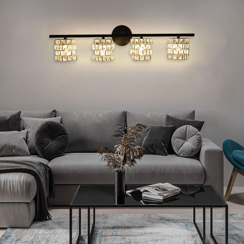 Modern Black BDL Bathroom Vanity Light Fixture - 4-Light Crystal Shade Wall Sconce for Mirror Lighting (Bulbs Not Included) | Perfect for Bathroom, Powder Room & Dressing Room Makeup Lighting