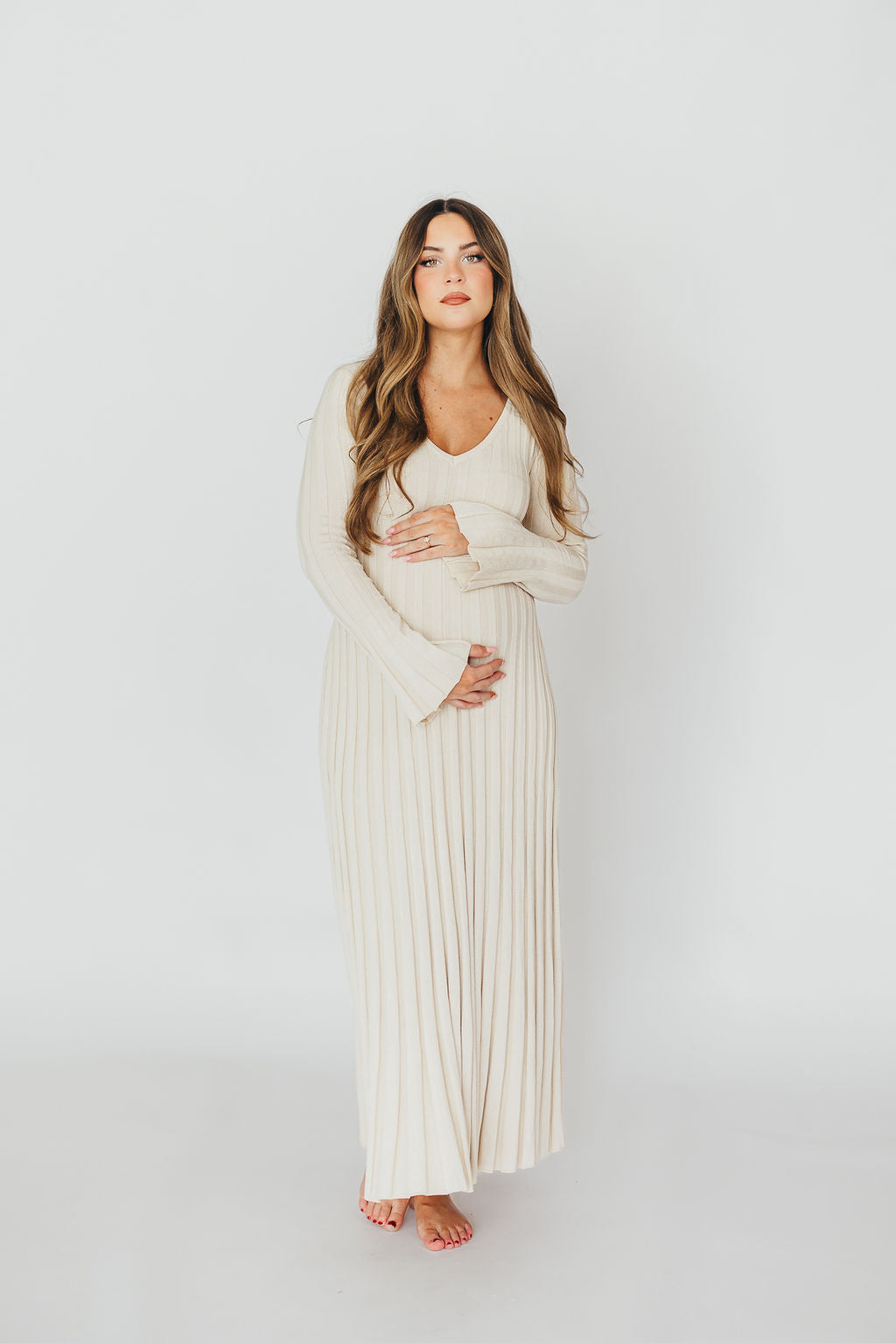Hadley Long Sleeve V Neck Knit Maxi Dress in Cream Taupe - Elegant Women's Casual Maxi Dress for Fall & Winter, Perfect for Office, Date Night and Holiday Parties