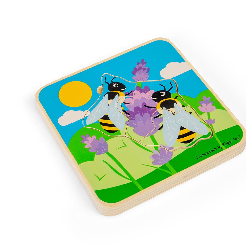 Bigjigs Toys Bee Lifecycle Puzzle - Educational Wooden Jigsaw Puzzle for Toddlers Ages 2-4 | 4-Piece Chunky Kids Puzzle | STEM Learning Toy for Preschoolers | Perfect for Classroom, Homeschool & Montessori Activities