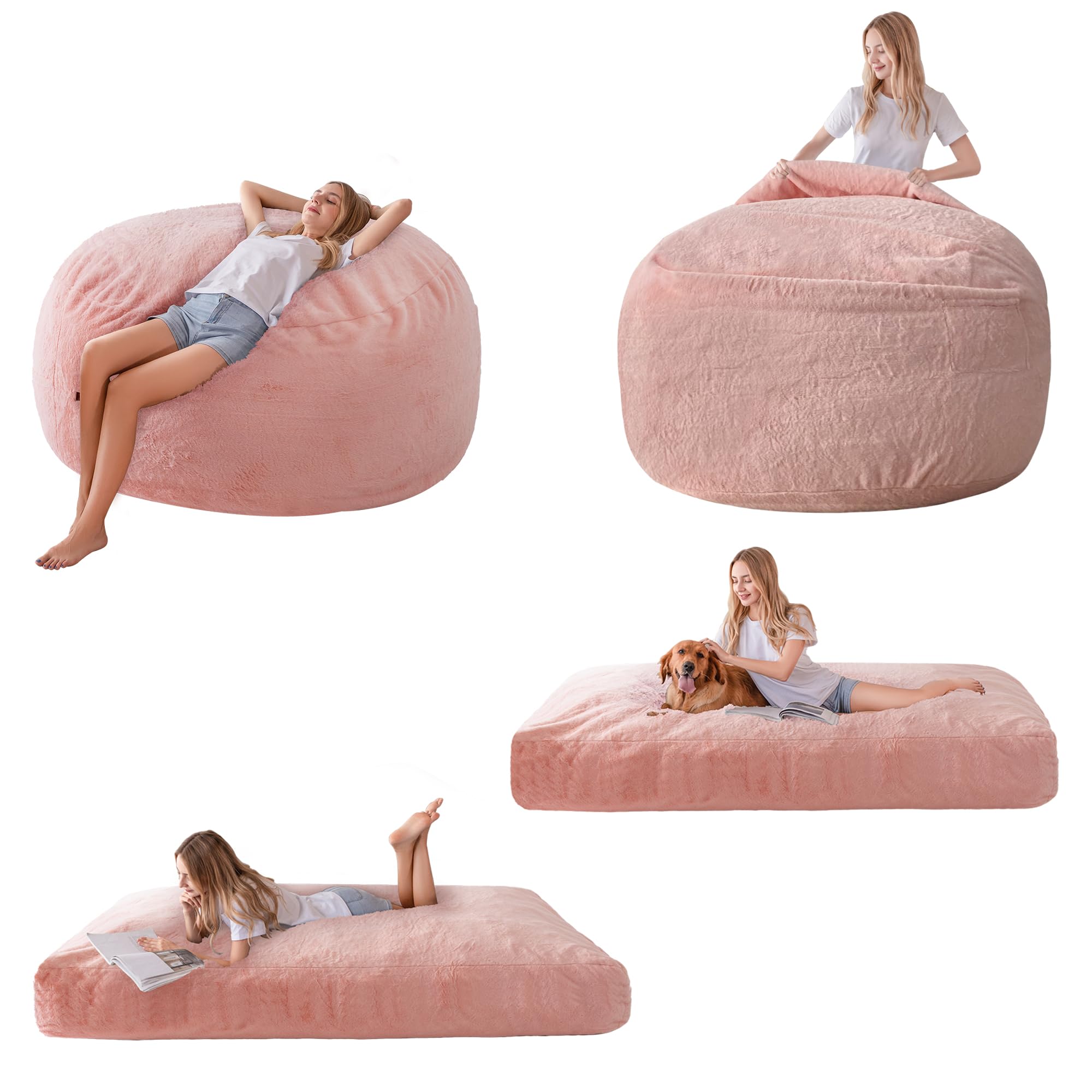 MAXYOYO Giant Bean Bag Chair Bed for Adults - 2-in-1 Convertible Lazy Chair & Floor Mattress | High Density Foam Filling | Machine Washable Pink Sofa Bed | Perfect for Living Room, Bedroom & Game Room Relaxation