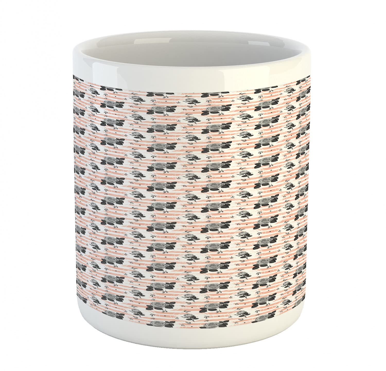 Lunarable Rose Ceramic Coffee Mug - 11 oz Floral Bouquet Design with Shabby Brushstroke Backdrop for Tea, Water & Drinks - Coral Grey & White - Perfect for Romantic Gifts, Home Decor & Coffee Lovers