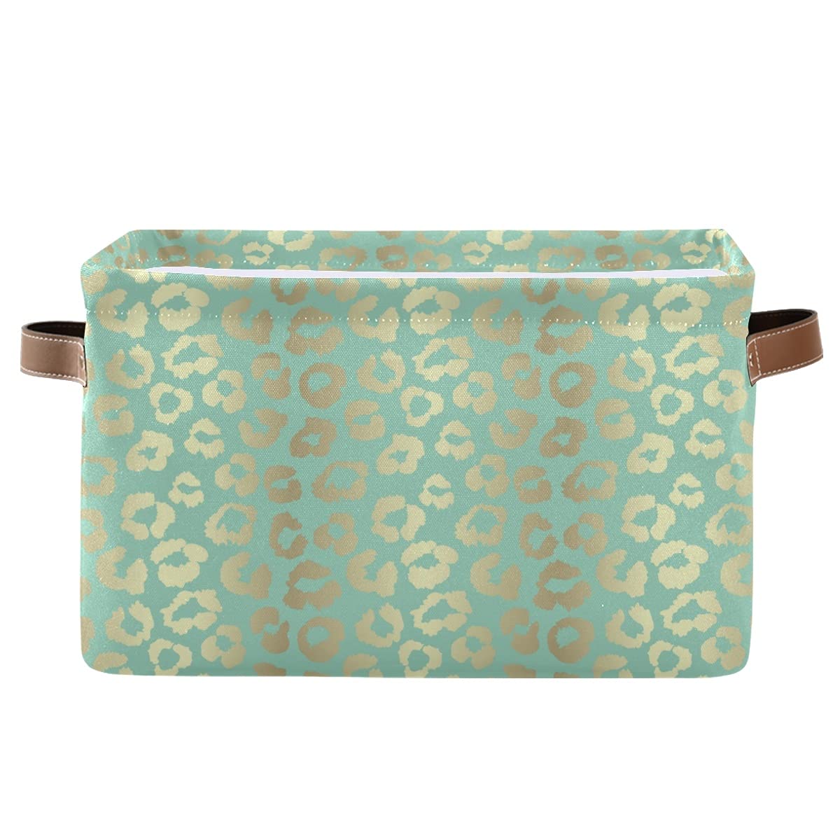 Mint Gold Leopard Print Rectangular Storage Bin with Handles - Canvas Square Basket for Home Organization, Office Supplies, Kids Toys, Books & Laundry - Perfect for Nursery, Closet & Playroom Storage