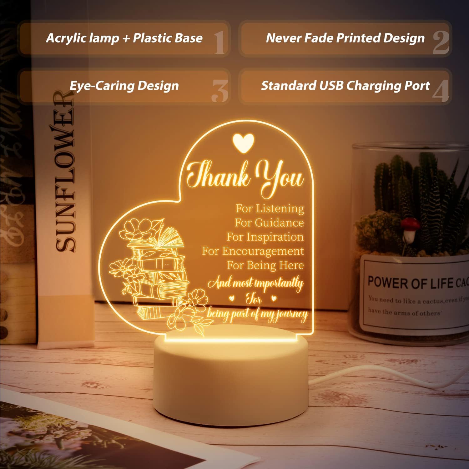 Best Teacher Gifts - Acrylic Night Light for Women | Birthday, Retirement & Thank You Presents for Classroom & Home