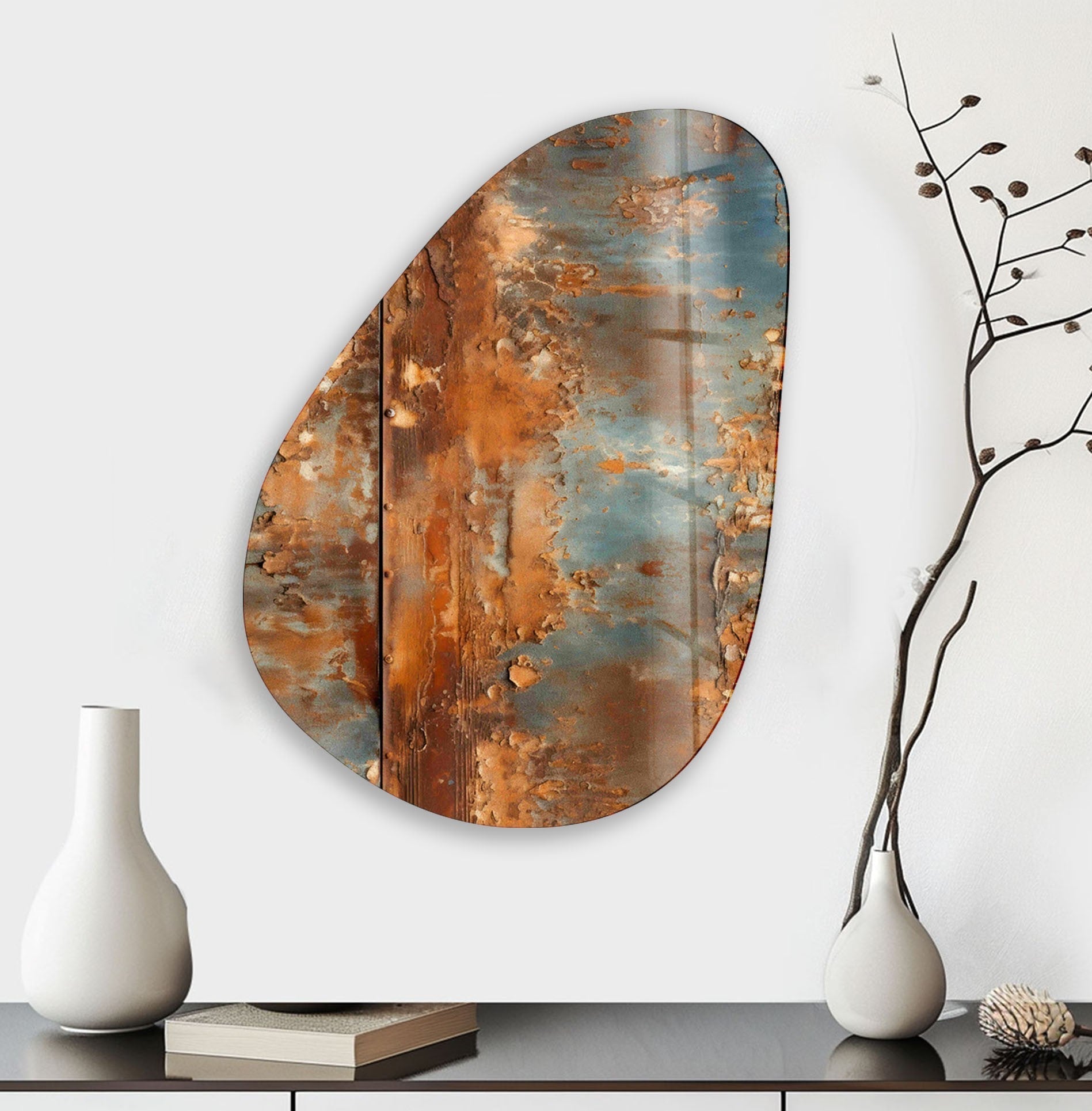 Modern Asymmetrical Oval Abstract Rusty Glass Wall Art Decor - Handmade Rustic Home & Office Decoration for Living Room, Bedroom, or Dining Area