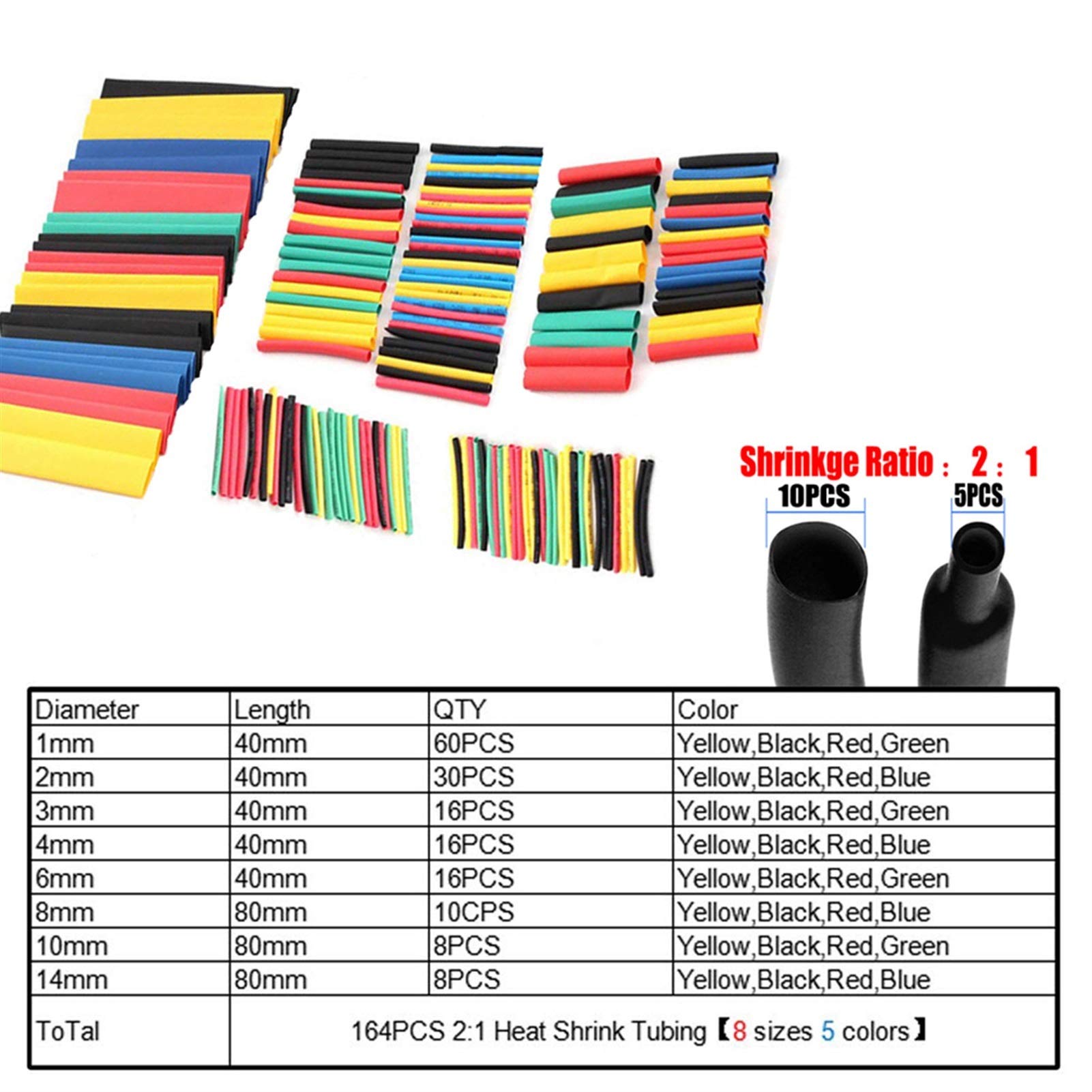 PYouo 164PCS Heat Shrink Tubing Kit - Polyolefin Insulation Sleeving for Wire & Cable Protection - Assorted Sizes (3:1 Shrink Ratio) - Perfect for Electrical Repairs, DIY Projects, and Automotive Wiring
