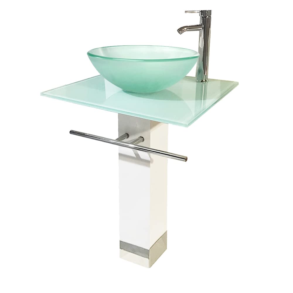 Modern Glass Vessel Sink with Wood Pedestal - Clear Countertop Bathroom Vanity Set Including Faucet and Drain (White & Frosted Finish) - Perfect for Contemporary Bathrooms, Powder Rooms, and Spa-Like Home Decor