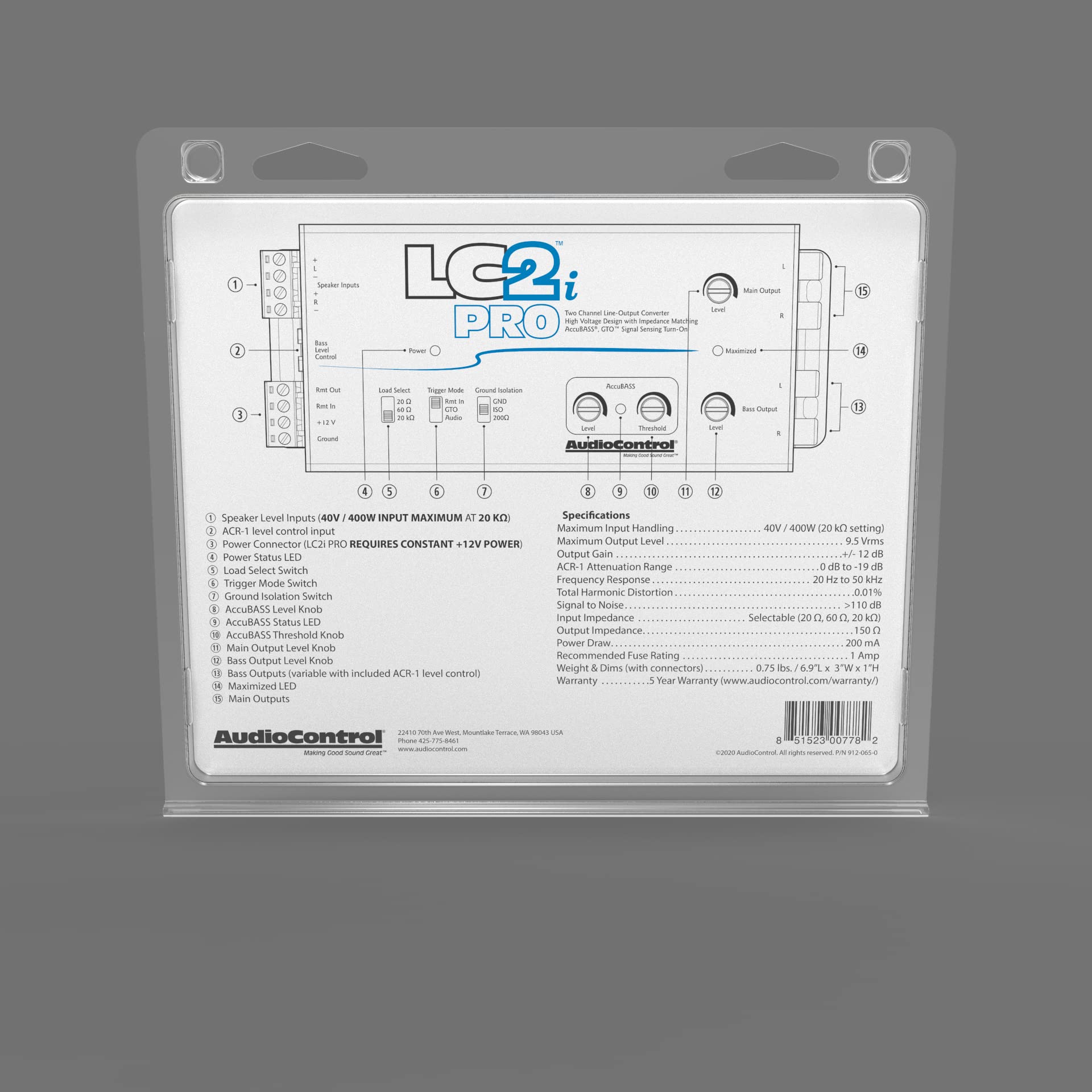 AudioControl LC2i PRO 2-Channel Line Output Converter with Wireless Qi Charger - Impedance Matching, AccuBASS & GTO Technology - Car Audio System Upgrade for Amplifiers & Subwoofers - Includes ACR-1 Dash Remote Control - Perfect for DIY Car Stereo Installations & Professional Sound Systems