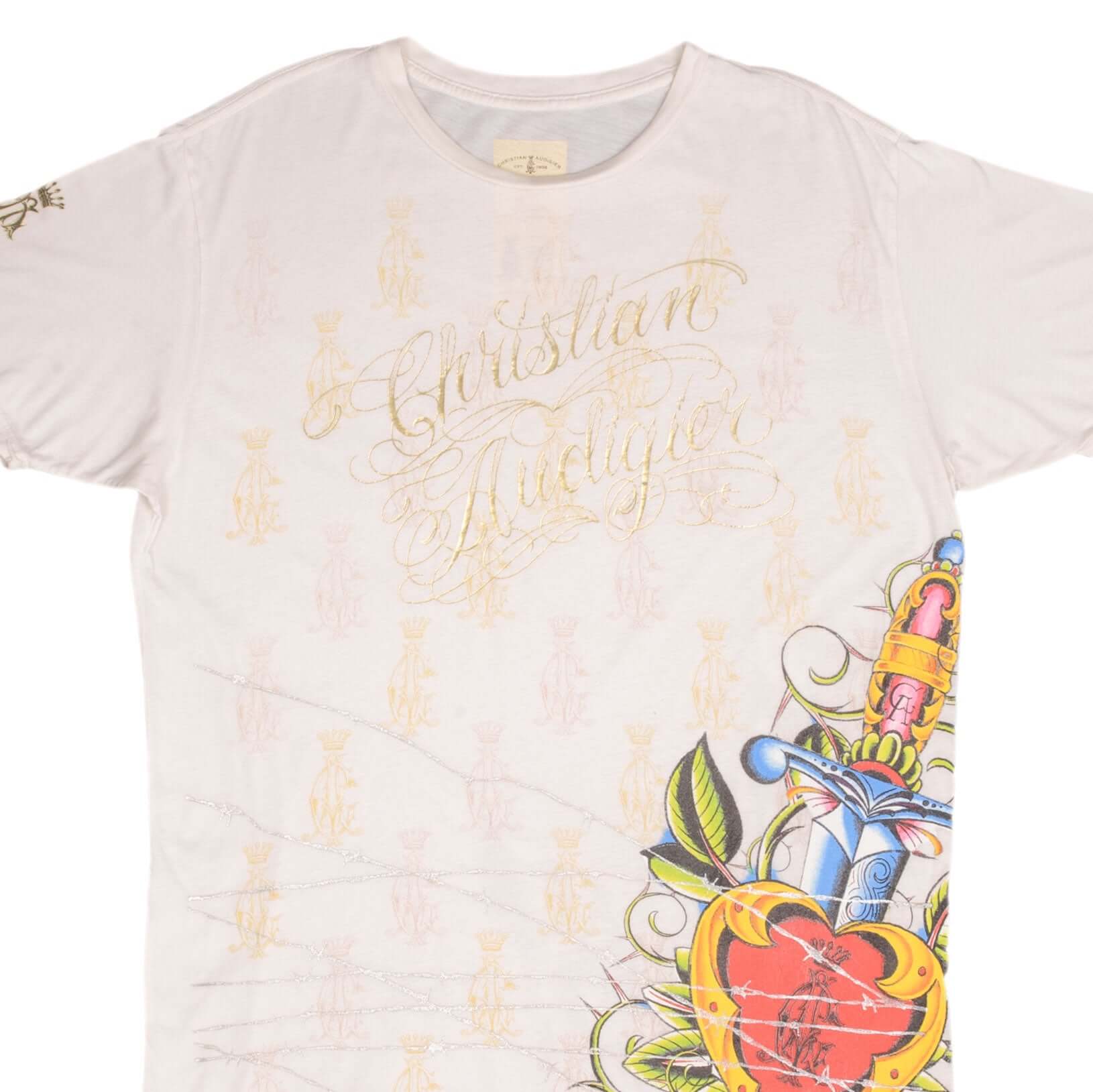 Vintage Christian Audigier All Over Print T-Shirt - 2000s Retro Graphic Tee - Made in USA - Size Large - Casual Wear & Street Style Fashion
