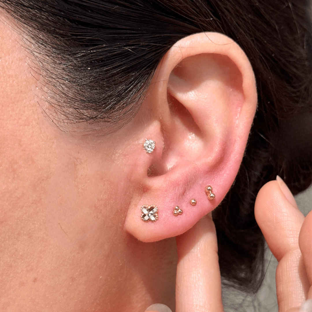 14K Yellow Gold Diamond Cut Clover Stud Earrings - Solid Gold Flat Back Post for Women, Perfect for Everyday Wear & Special Occasions