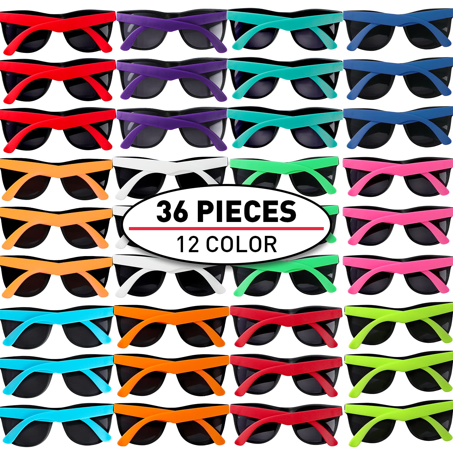36 Pack 12 Colors Retro Neon Party Sunglasses with Dark Lens - 80's Style Colorful Novelty Shades for Pool, Beach, Summer & Birthday Parties - Bulk Favors for Boys, Girls, Teens & Adults - Perfect for Goody Bags, Music Festivals, Costume Parties & Themed Events