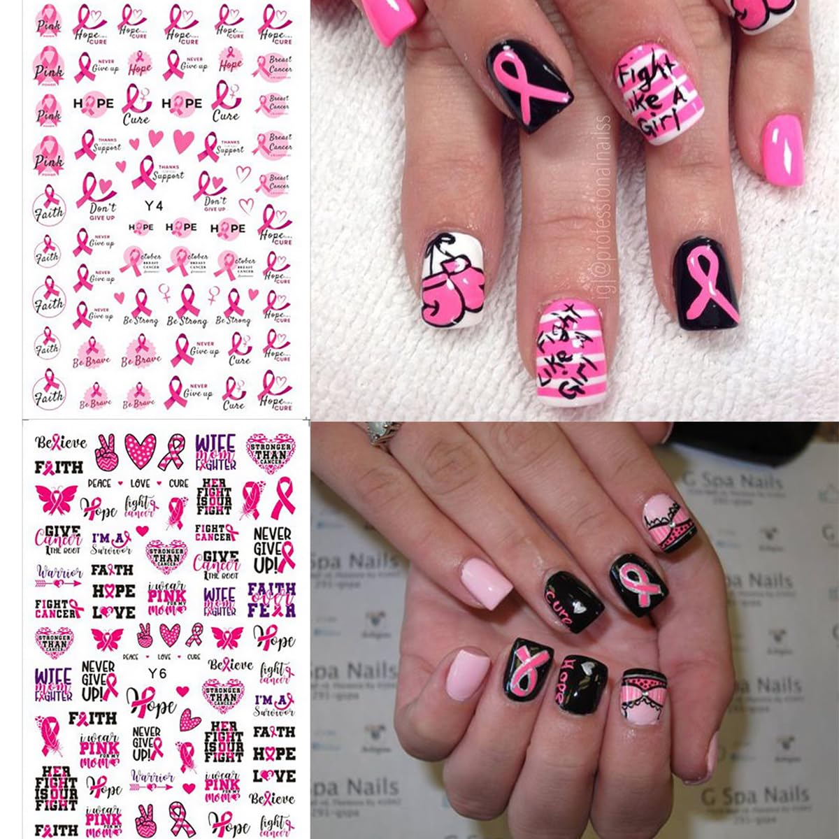 6 Sheets 3D Pink Ribbon Breast Cancer Awareness Nail Art Stickers - Self-Adhesive Heart & Letter Design Nail Decals for Women & Girls - Perfect for DIY Manicures, Fundraisers & Support Events