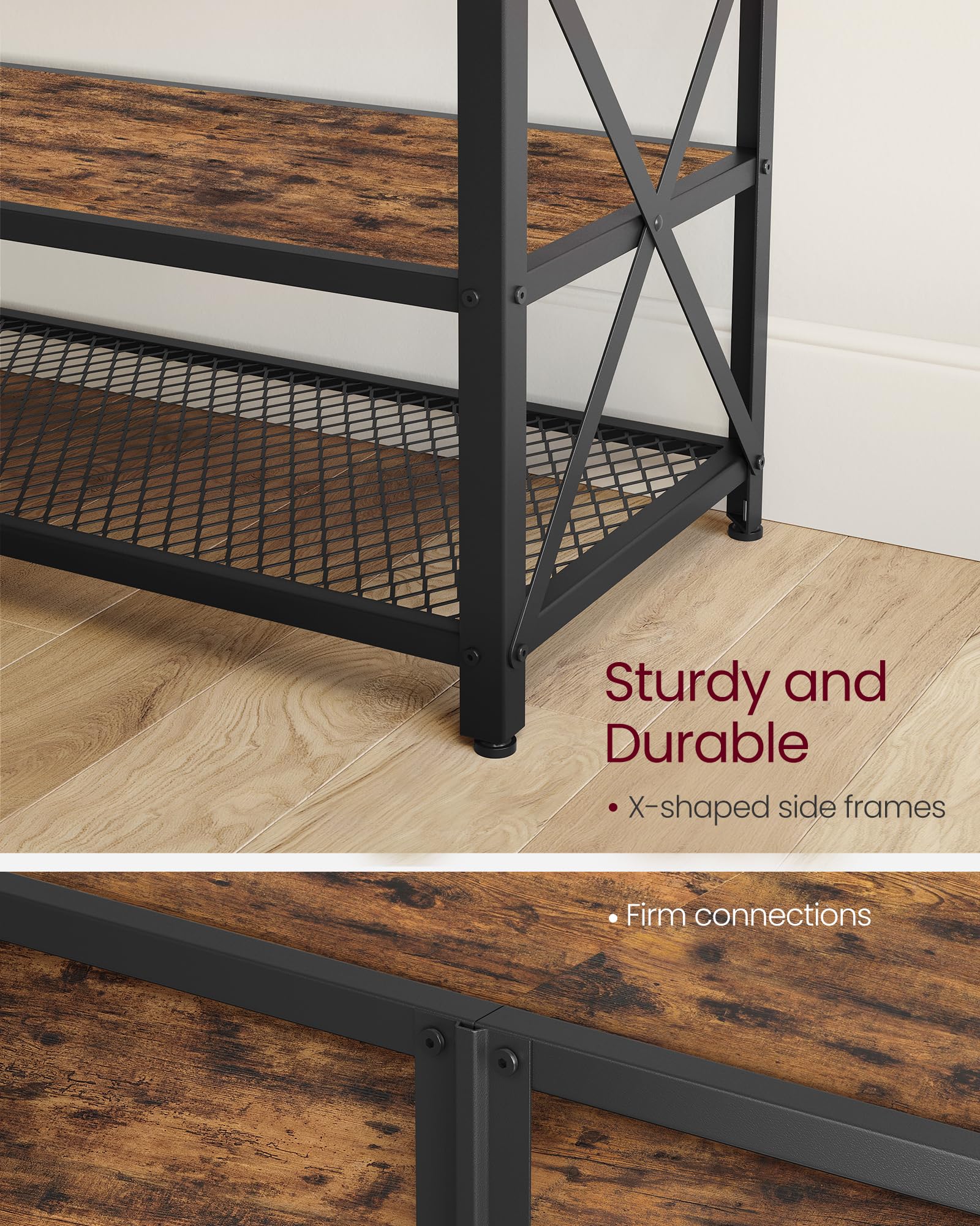 VASAGLE 70 Inch TV Stand with 3-Tier Shelves, Industrial Style TV Console Table with Steel Frame, Rustic Brown & Black Entertainment Center for Living Room - Perfect for Home Theater Setup & Media Storage