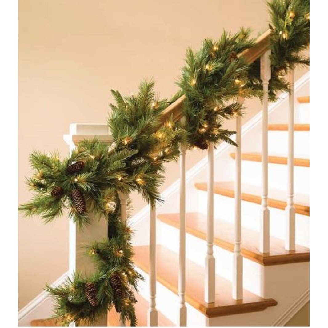 9-Foot Mixed Mountain Cypress Garland with Incandescent Plug-in Lights - 9' Artificial Christmas Garland for Holiday Home Decor, Fireplace Mantel, and Staircase Decoration