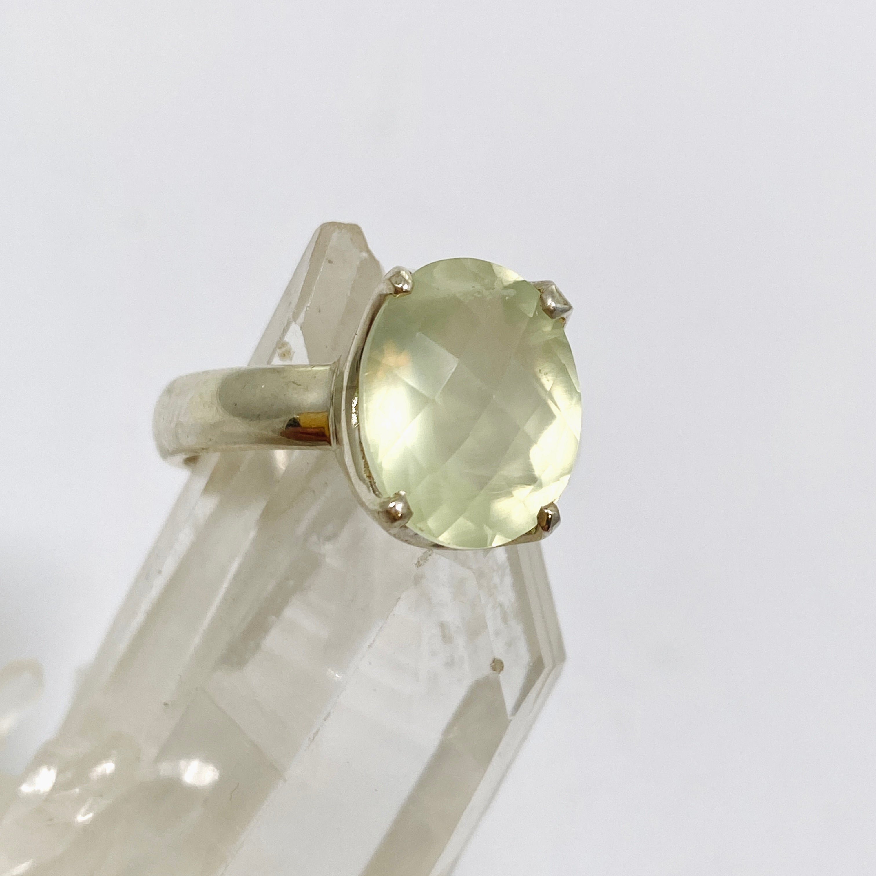 Prehnite Oval Checkerboard Faceted Ring Size 8.5 - Dainty Gold Jewelry for Women, Elegant Birthstone Gift for Her - Perfect for Weddings, Anniversaries & Special Occasions