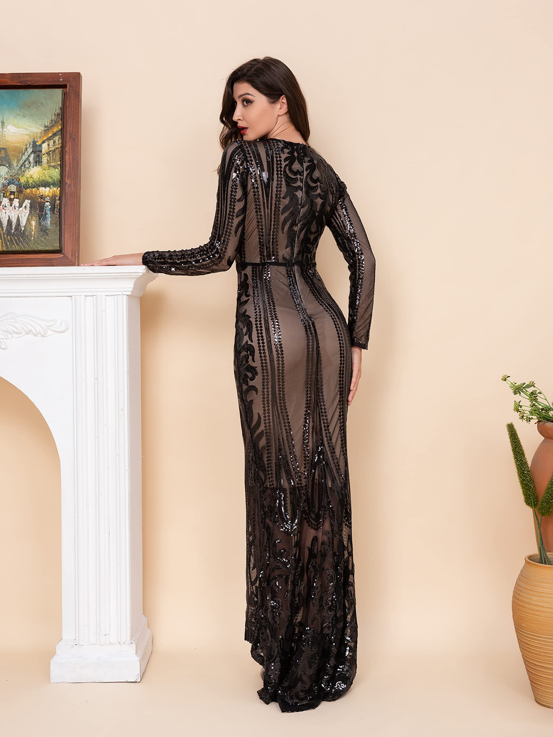 Elegant Women's Sequin Long Sleeve Mermaid Evening Dress - Crew Neck Cocktail Gown for Parties, Prom & Formal Events