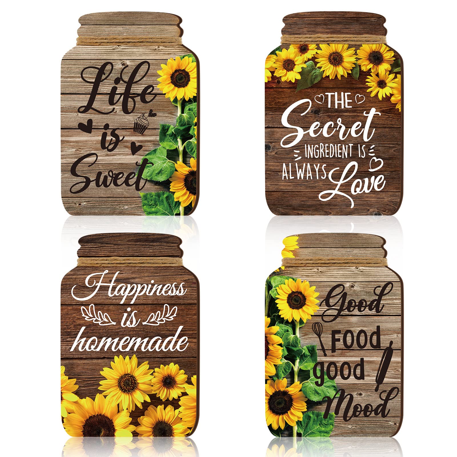 4 Pcs Rustic Wooden Mason Jar Wall Decor Set - Farmhouse Kitchen Signs with Inspirational Quotes - Sunflower Design for Home & Living Room Decoration - Perfect for Country Style Kitchens, Dining Rooms, and Cozy Spaces