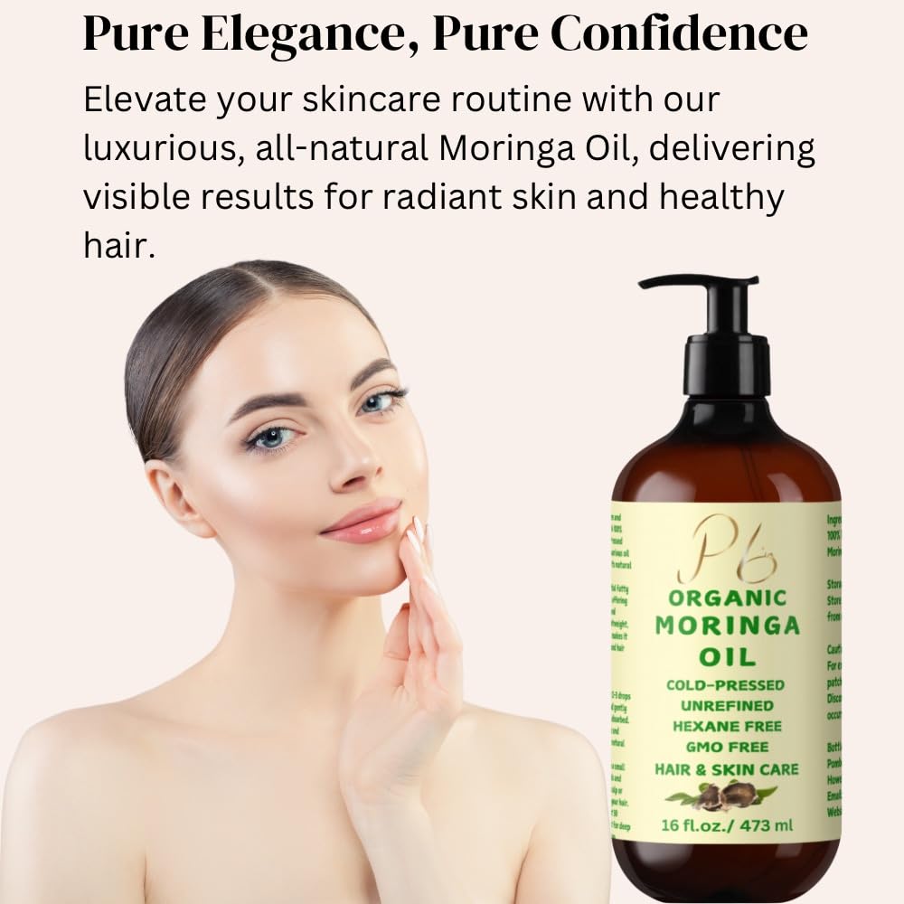 Organic Moringa Oil - 100% Pure Cold-Pressed Unrefined Moringa Oil for Hair & Skin Care | Hydrating Facial Oil & Body Moisturizer | 16 fl oz Glass Bottle with Pump | Perfect for Dry Skin, Hair Growth & Anti-Aging Routine