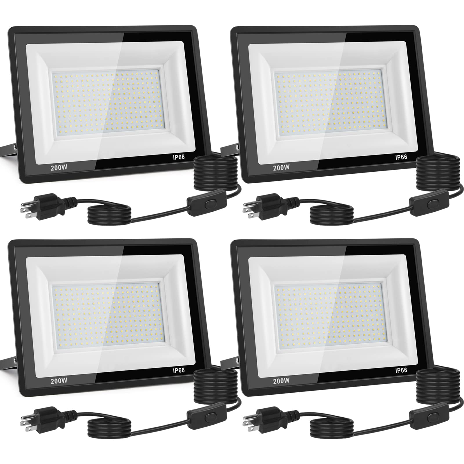 4-Pack 200W LED Flood Light Outdoor, 20000LM High Brightness LED Work Light with Plug & Switch, IP66 Waterproof Security Lights - 5000K Daylight White for Backyard, Warehouse, Construction Site & Parking Lot Lighting