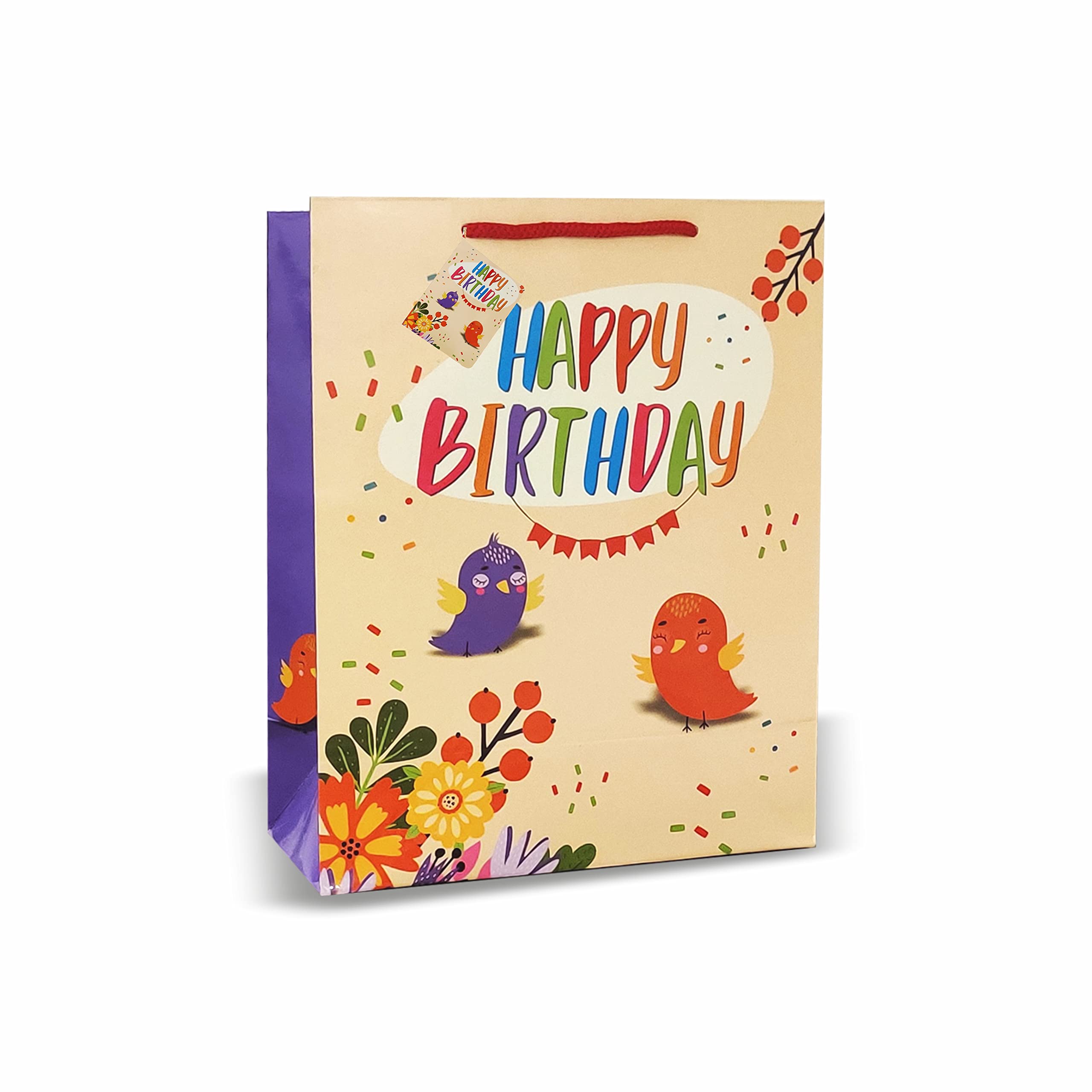 VESTTA Elegant Gift Bags with Cute Birds Design - 8x4x10 Inches Medium Size Paper Bags, Glossy Finish, Multi-Color, Pack of 10 with Gift Tags - Perfect for Birthday Party Favors, Wedding Favors & Holiday Gift Wrapping