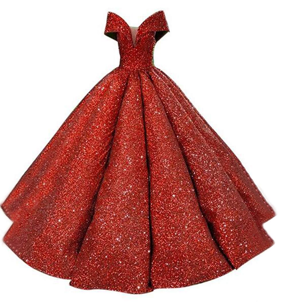 Emanni Women's Off-The-Shoulder Quinceañera Ball Gown - Sparkly Sequin Prom Dress with Ruffled Skirt in Vibrant Red | Perfect for Sweet 16, Homecoming, and Formal Evening Events