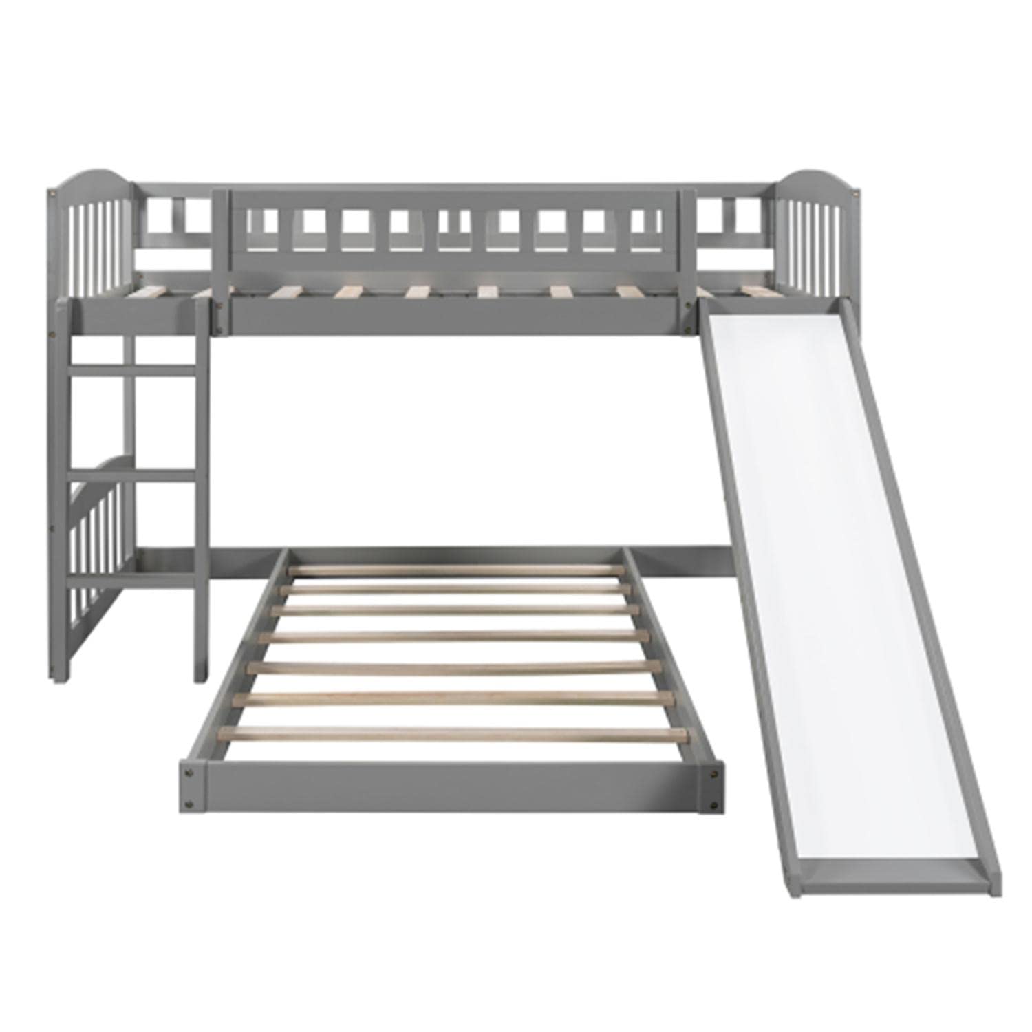 Gray Twin Over Twin Bunk Bed Frame with Slide & Ladder - Sturdy Safety Guardrail for Kids & Teens - No Box Spring Needed - Perfect for Small Bedrooms, Shared Kids' Rooms & Vacation Homes