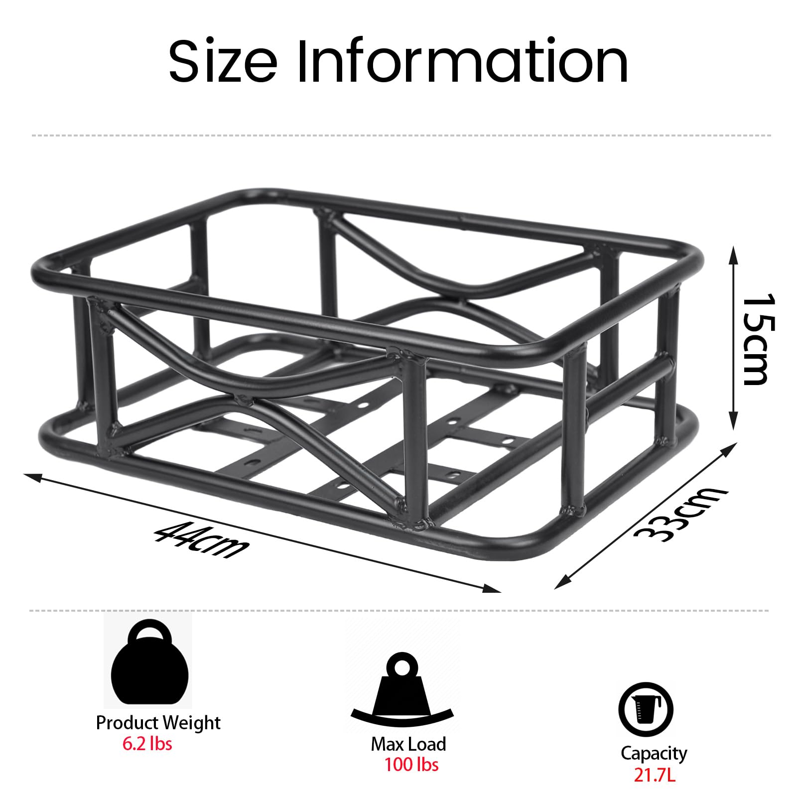 Heavy Duty Metal Rear Bike Basket for Electric Bicycle - Large 17.3x13x6 Inch Cargo Carrier for Pets, Groceries & Sports Gear - Perfect for Commuting, Shopping & Outdoor Adventures
