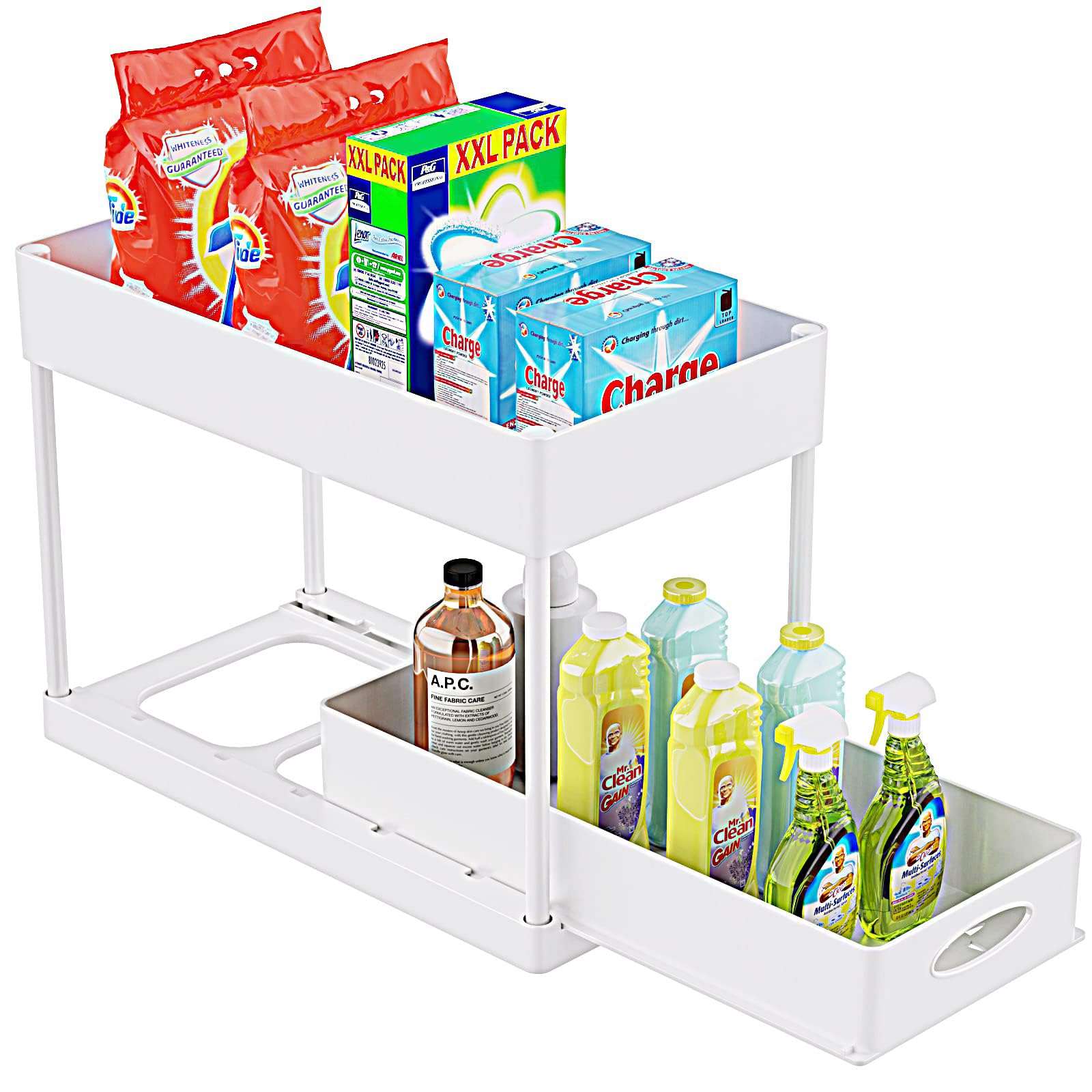 PUILUO 2-Tier Under Sink Organizer - White Sliding Cabinet Basket for Bathroom & Kitchen Storage - Perfect for Organizing Cleaning Supplies, Sponges & Toiletries Under Sink or in Cabinets