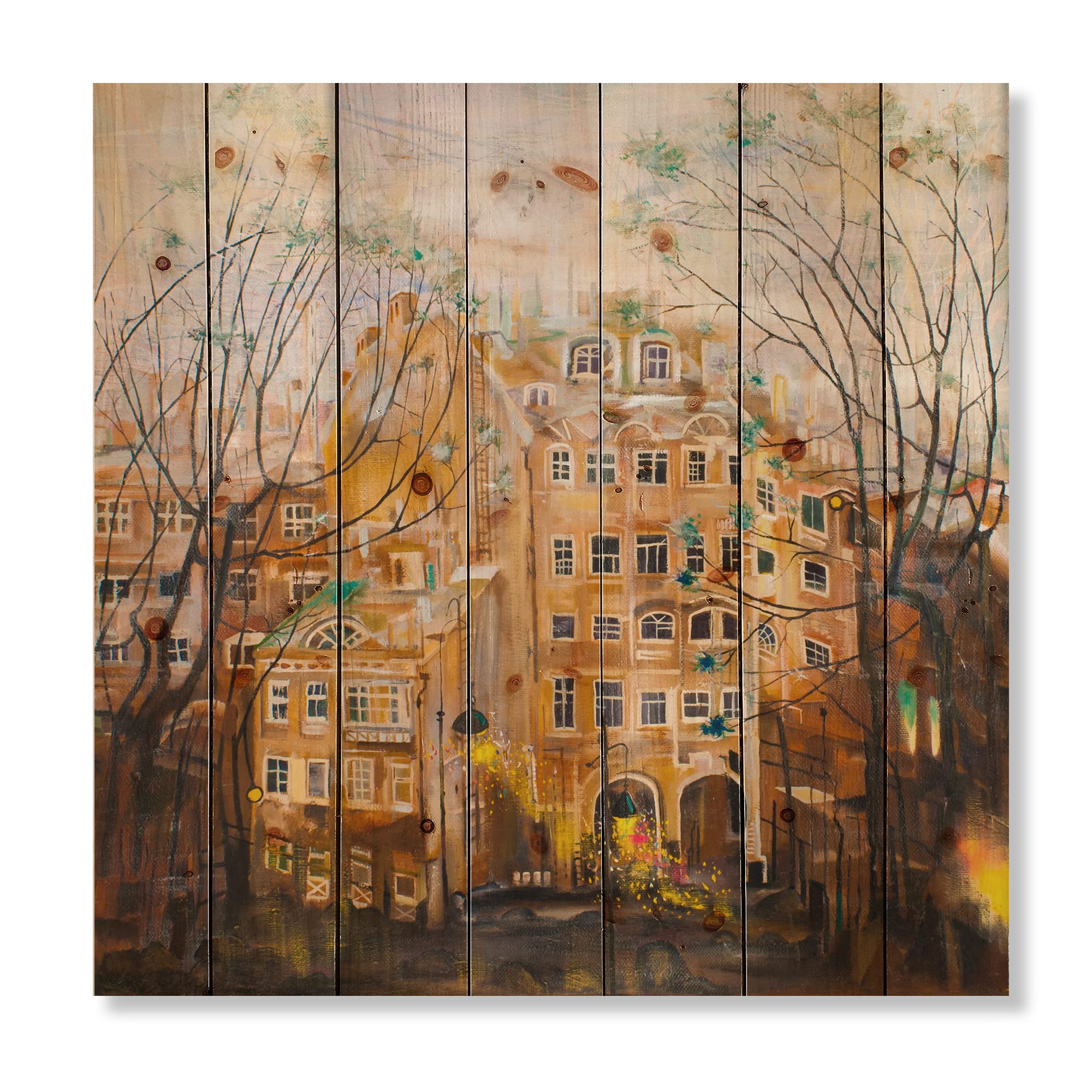 DesignQ Russian City Yard Traditional Wood Wall Decor - Large Beige Wood Wall Art with Cityscapes Printed on Natural Pine - Perfect for Living Room, Bedroom & Office Decor