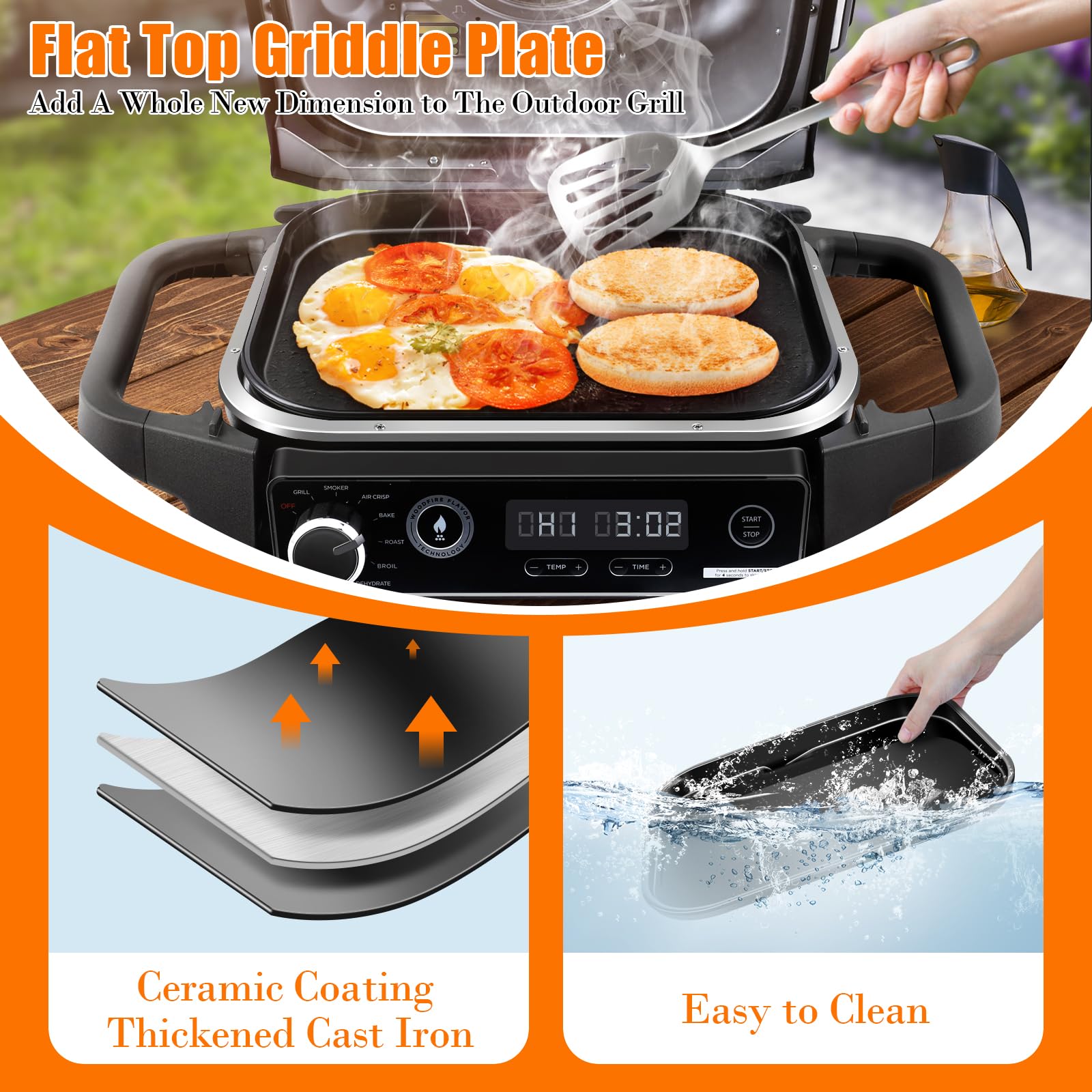 Cast Iron Griddle Plate for Ninja Woodfire Outdoor Grill OG700 Series - Ceramic Coated Flat Top Griddle Compatible with OG701 - Easy to Clean Grill Insert for Perfect Pancakes, Burgers & Steaks